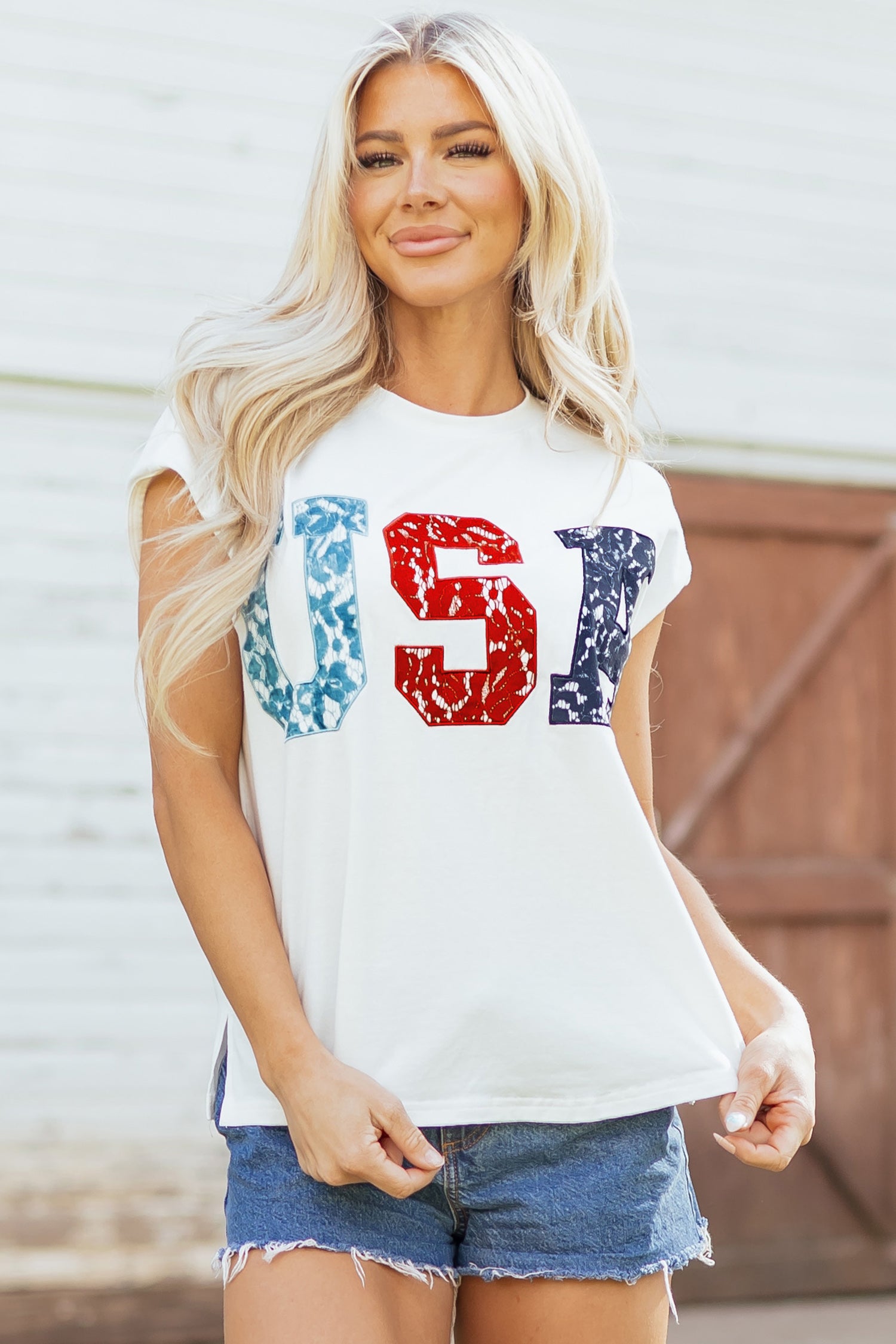 White USA Color Block Letter Printed Dolman Tee
