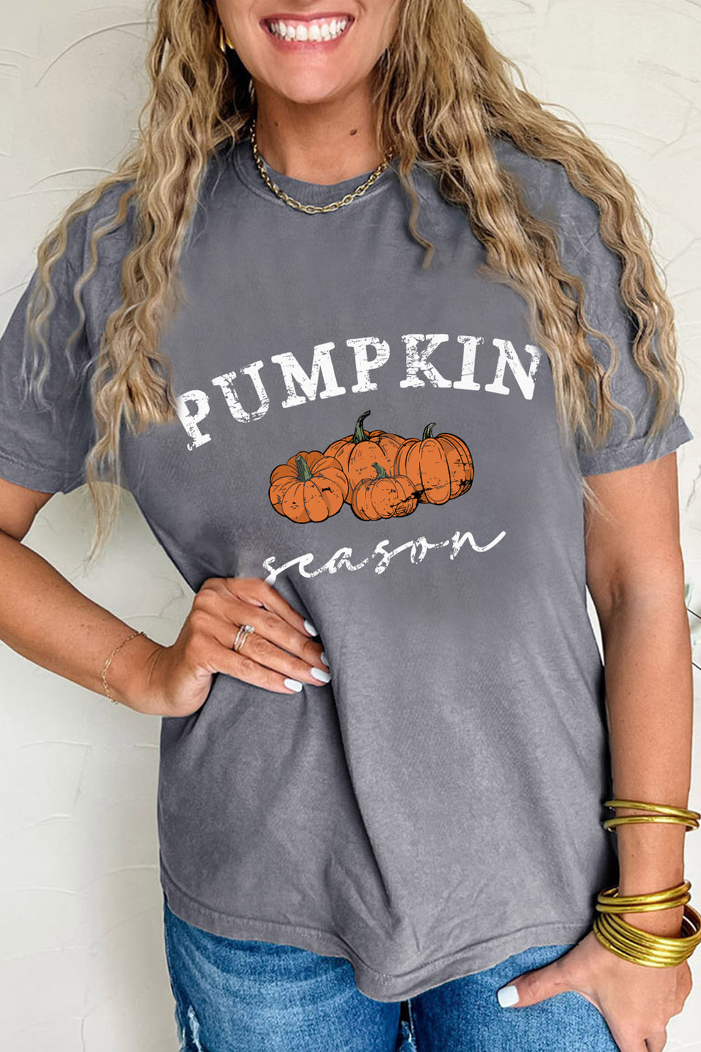 Gray Pumpkin Season Graphic Round Neck Short Sleeve T-Shirt