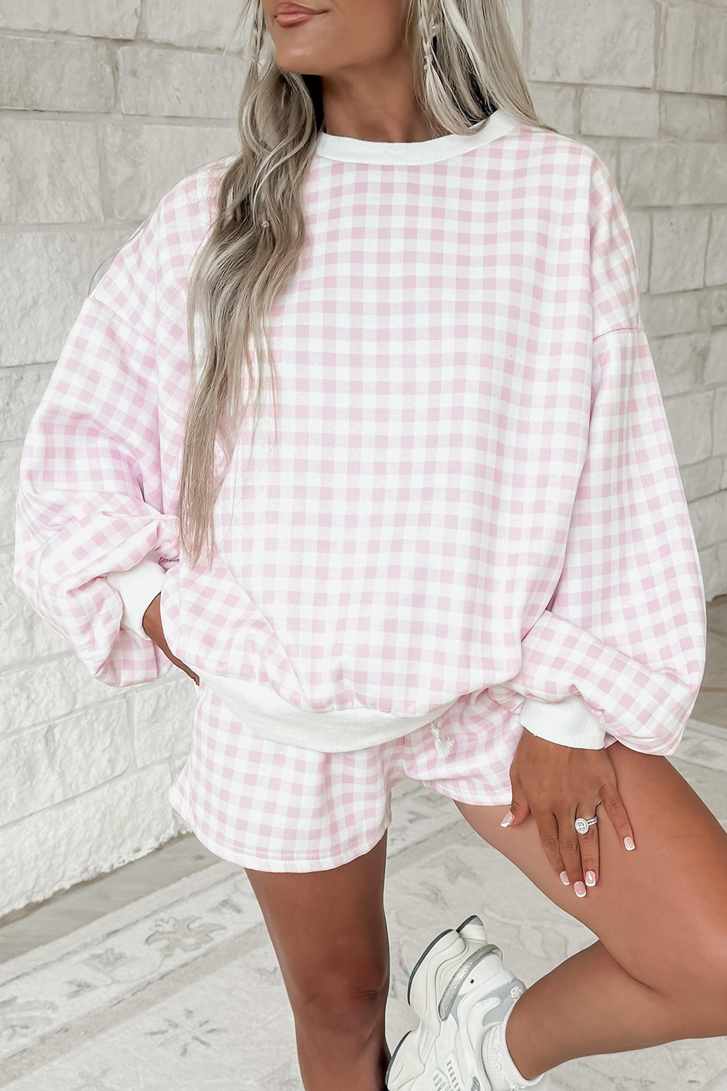 Yellow Plaid Baggy Pullover Drawstring Casual Shorts 2pcs Outfit
