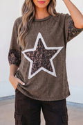 Coffee Mineral Wash Exposed Seam Leopard Star Patched T Shirt