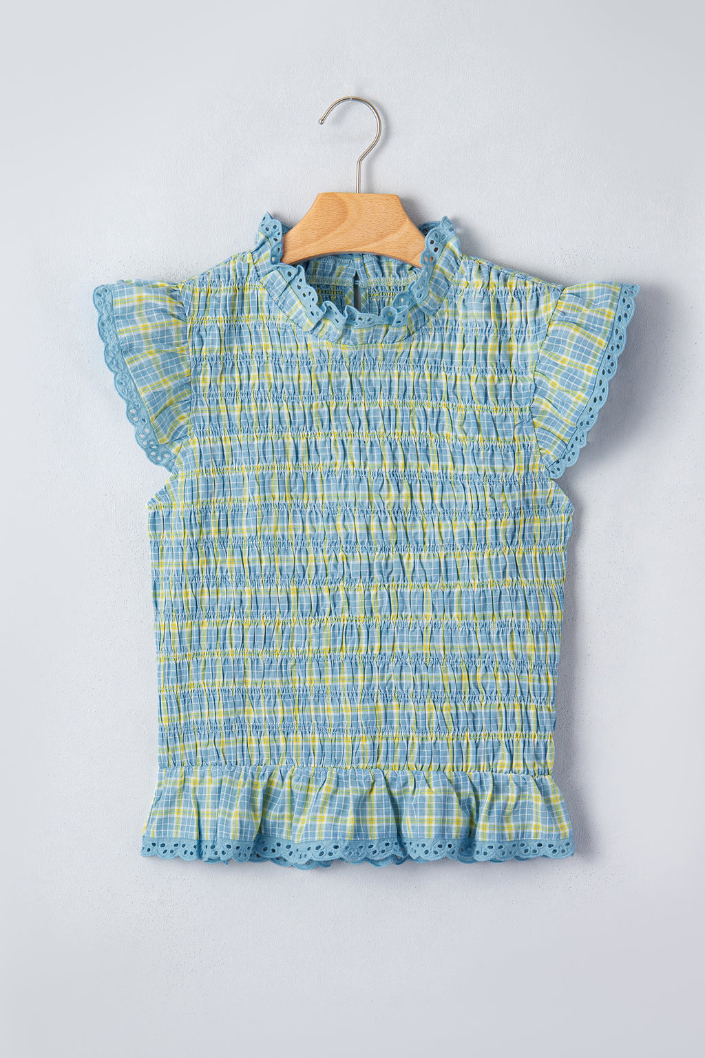 Multicolour Gingham Smoked Lace Trim Tank Top