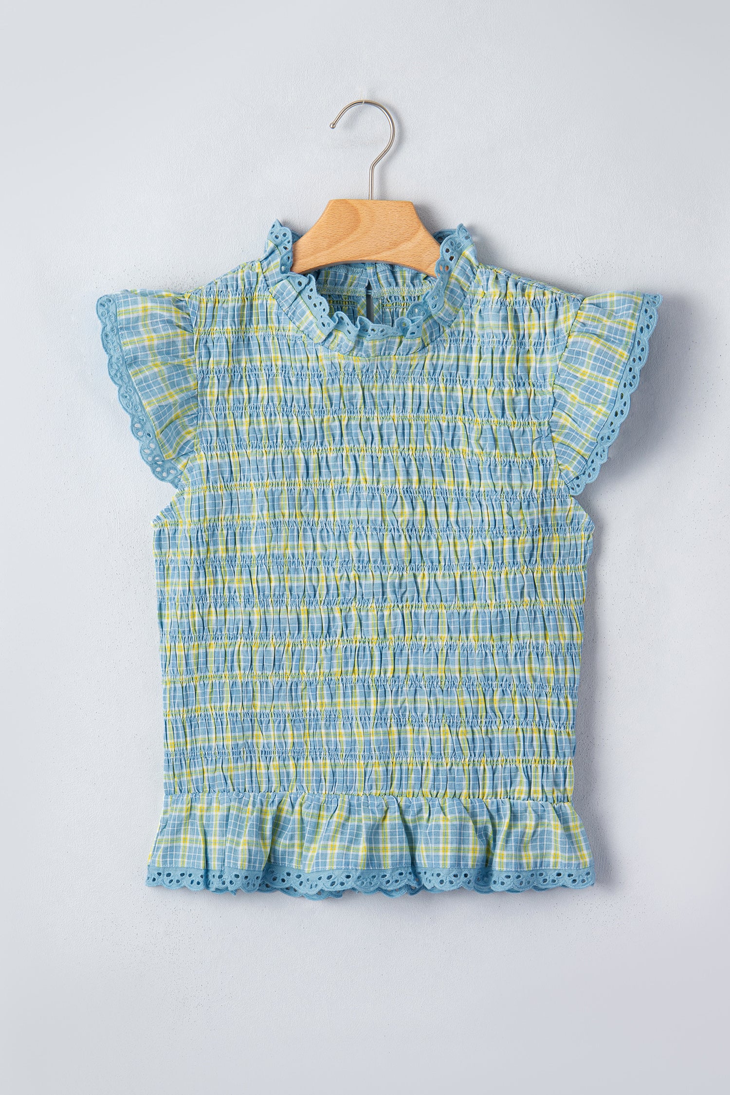 Multicolour Gingham Smoked Lace Trim Tank Top