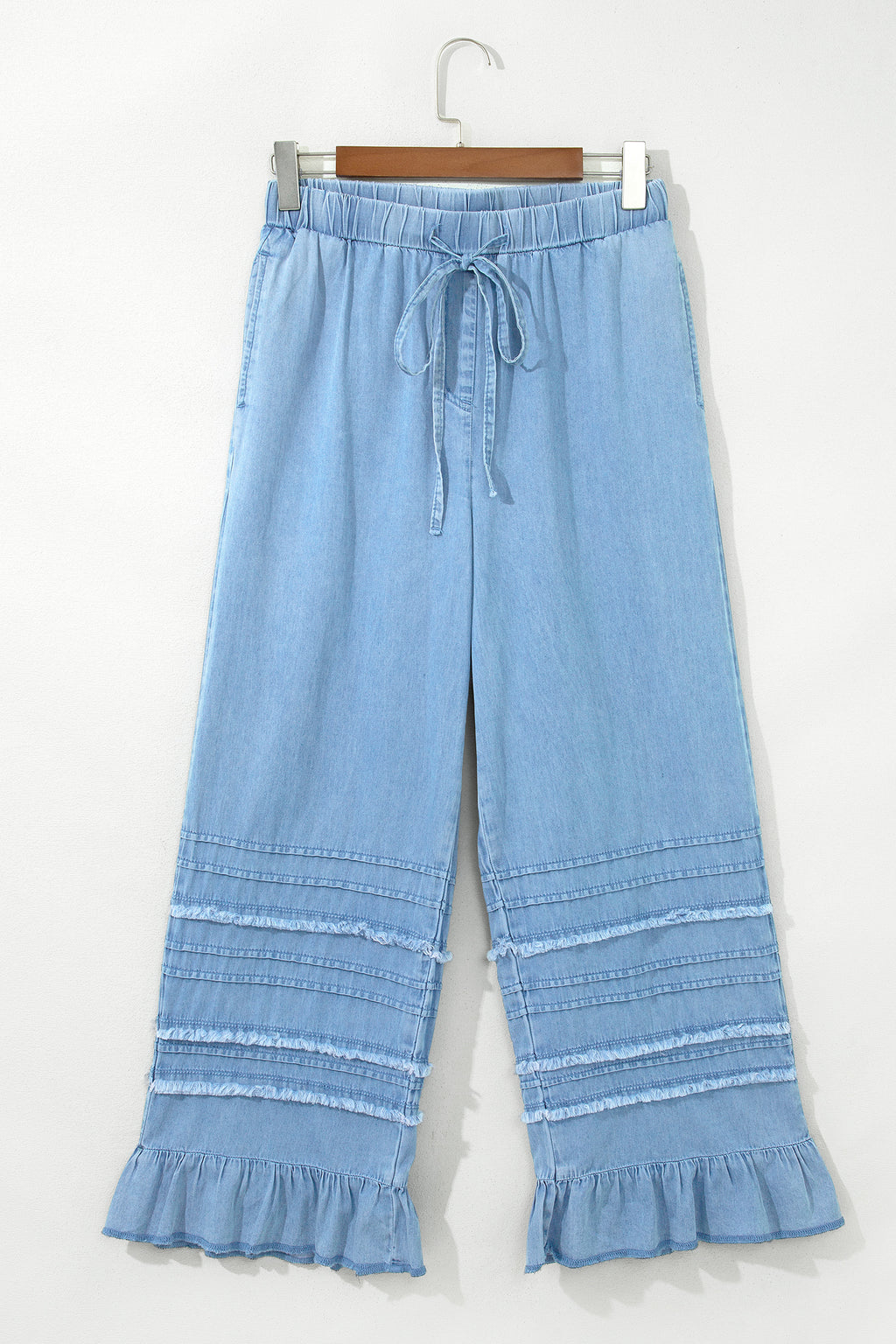 Dusk Blue Ruffled Hem Wide Leg Chambray Pants