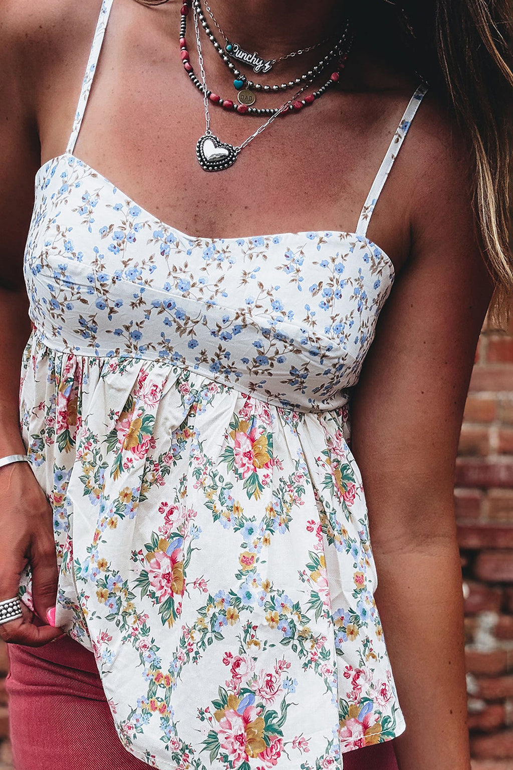 White Contrast Floral Printed Spaghetti Straps Babydoll Top