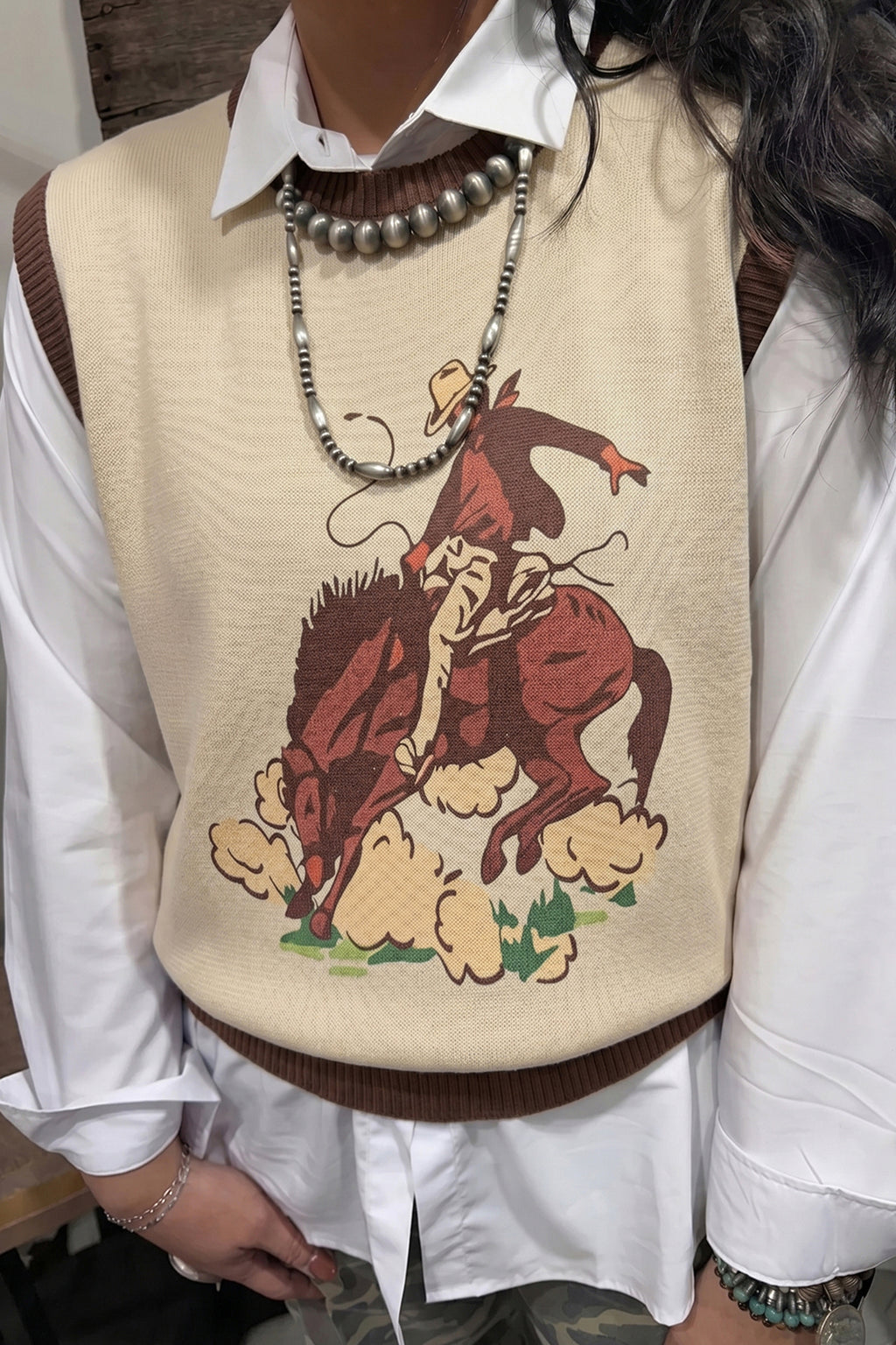 Khaki Western Print Colorblock Trim Sleeveless Knitwear Vest