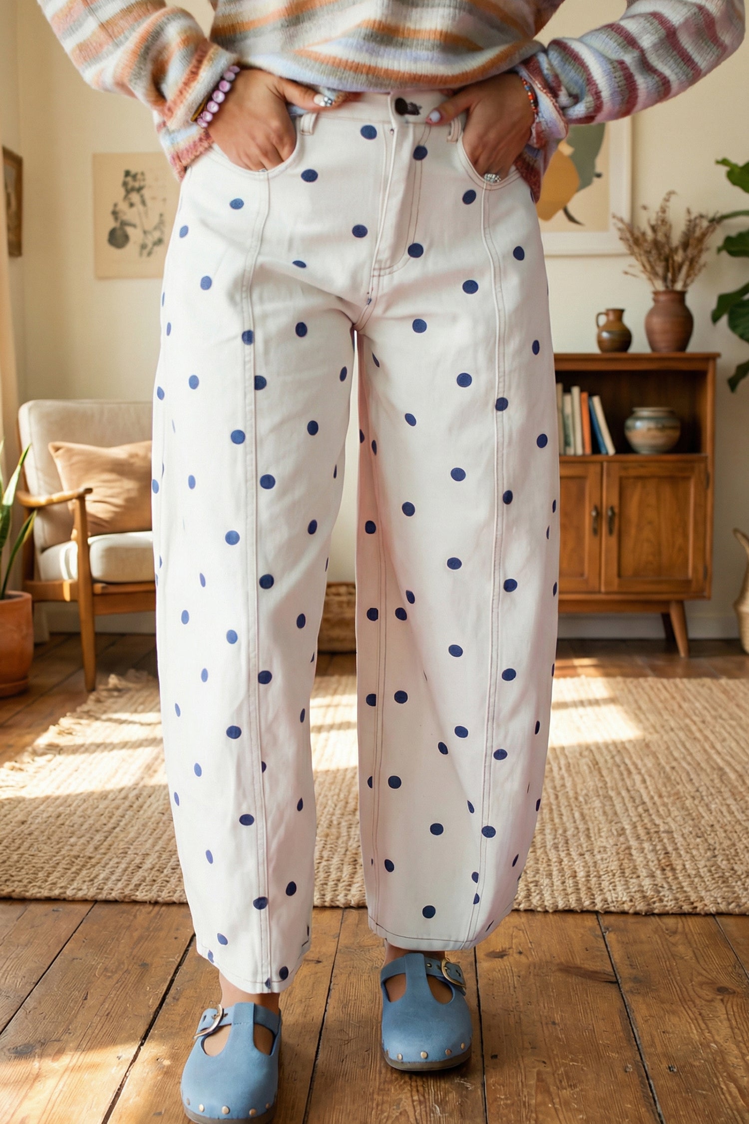 Blue Tailored Seam Polka Dot Print Barrel Casual Jeans