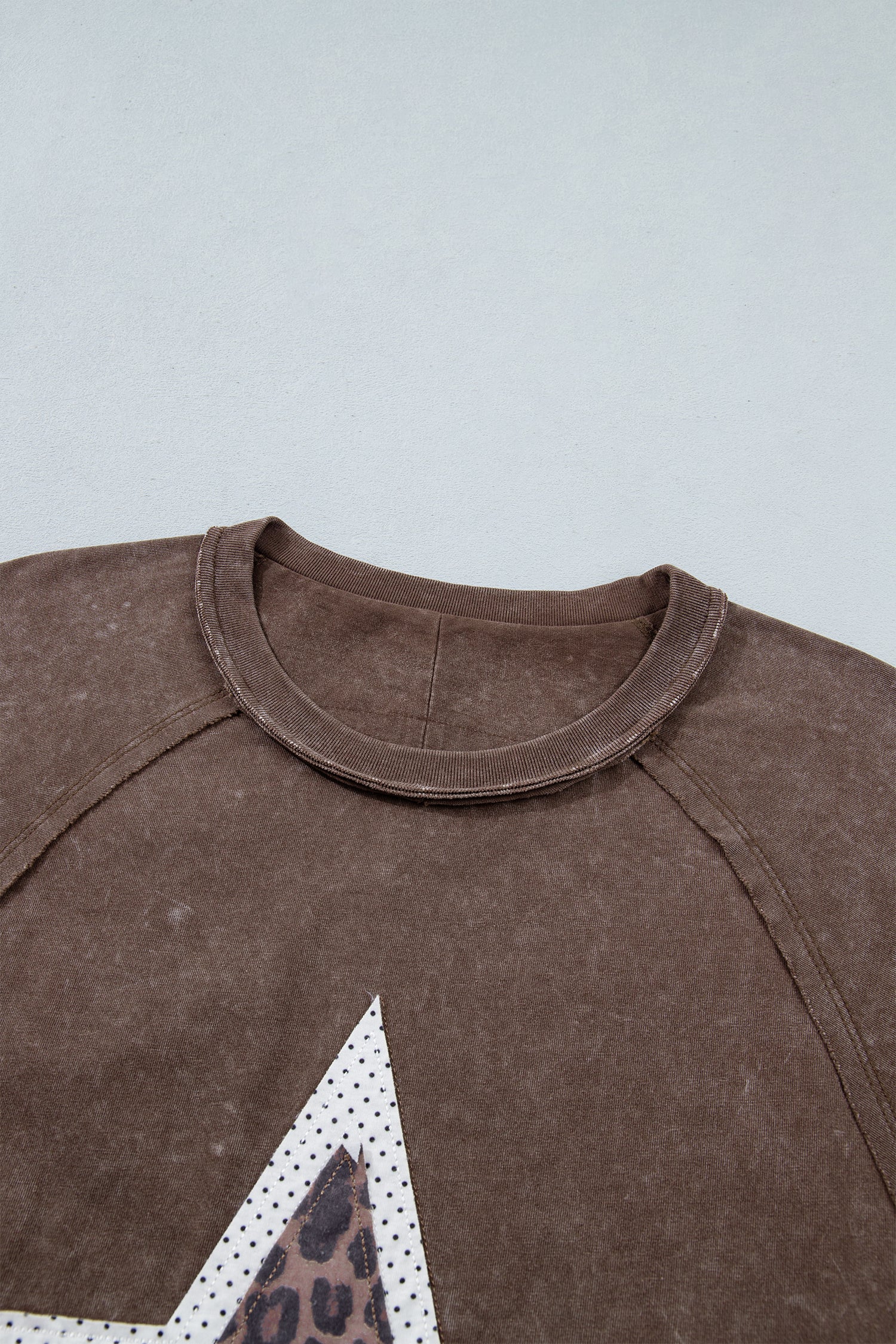 Coffee Mineral Wash Exposed Seam Leopard Star Patched T Shirt