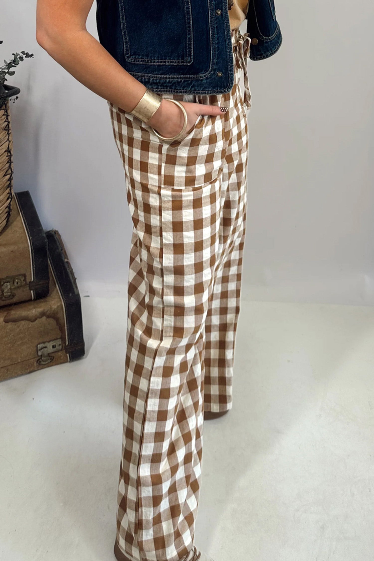 Brown Gingham Plaid Tie Elastic Waist Shift Pants