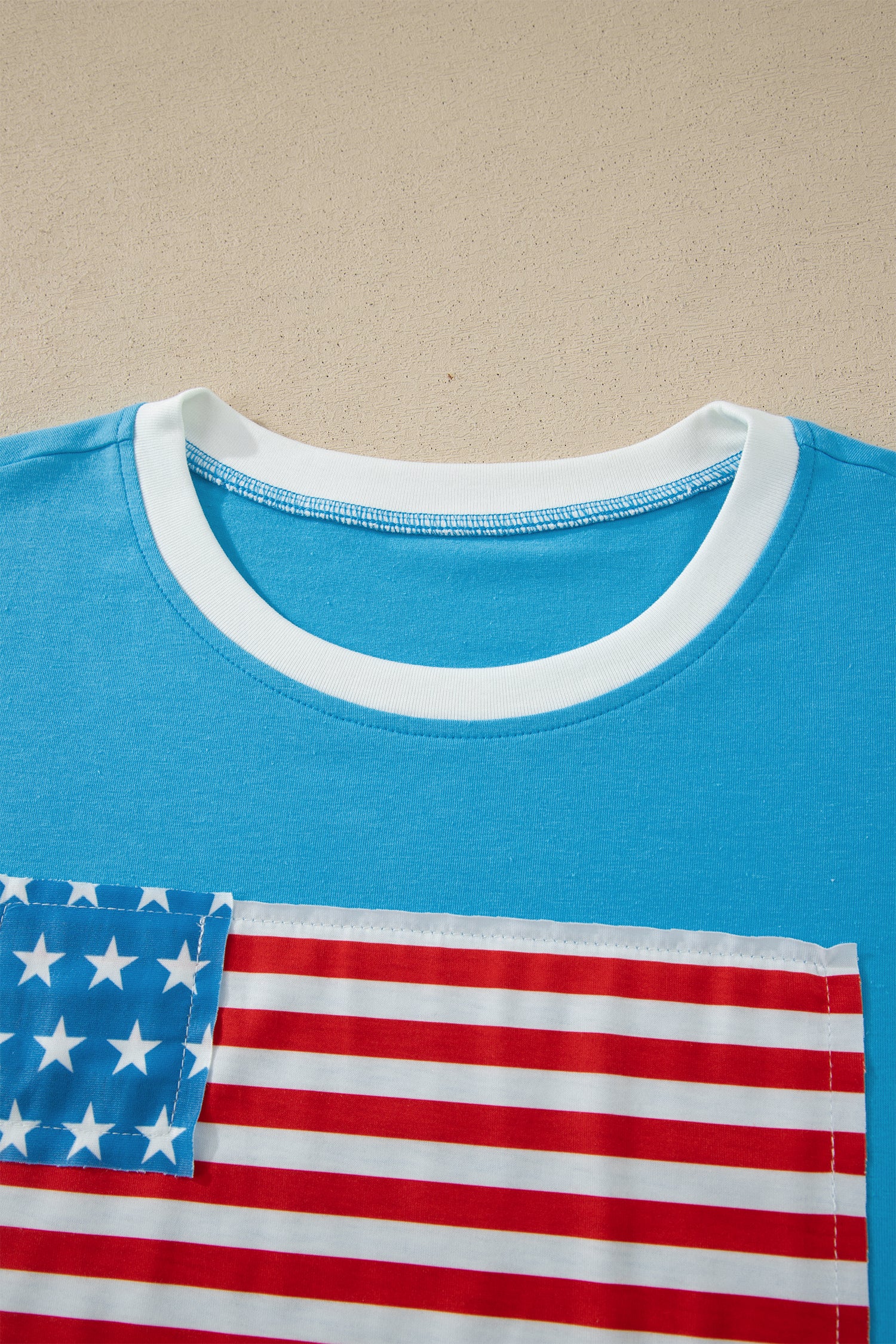 Light Blue Flag Print Patchwork Colorblock July 4th T Shirt