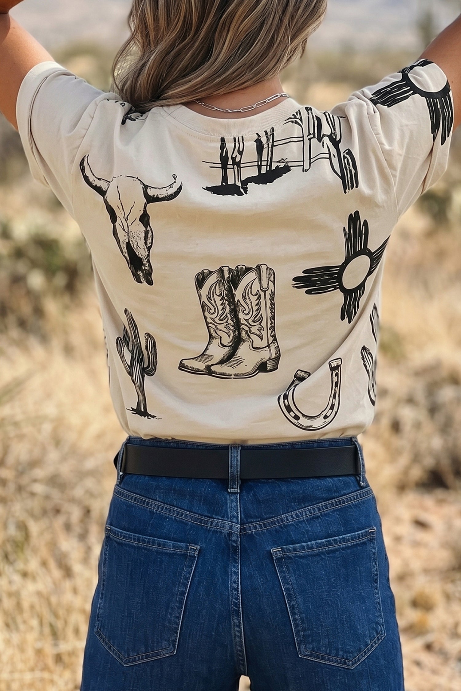 Beige Retro Western Print T Shirt