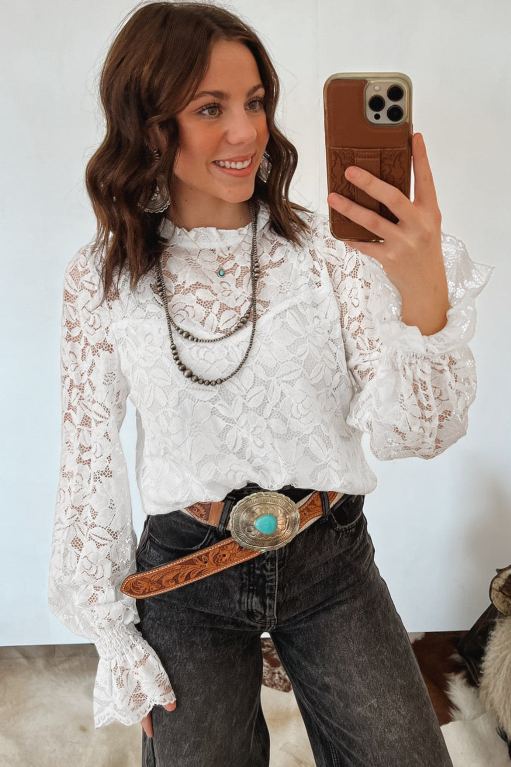 White Ruffled Round Neck Long Flounce Sleeve Sheer Lace Blouse