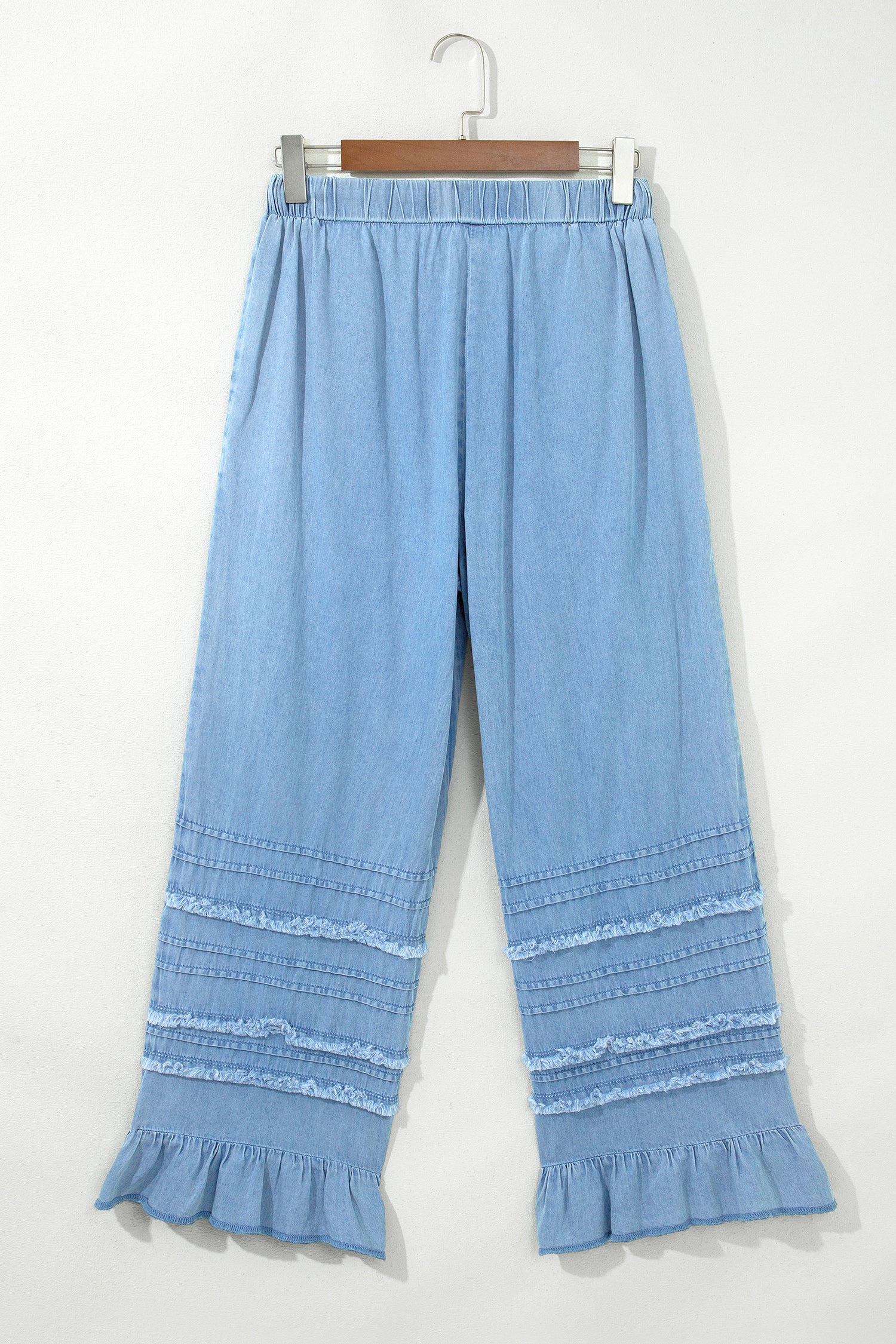 Dusk Blue Ruffled Hem Wide Leg Chambray Pants