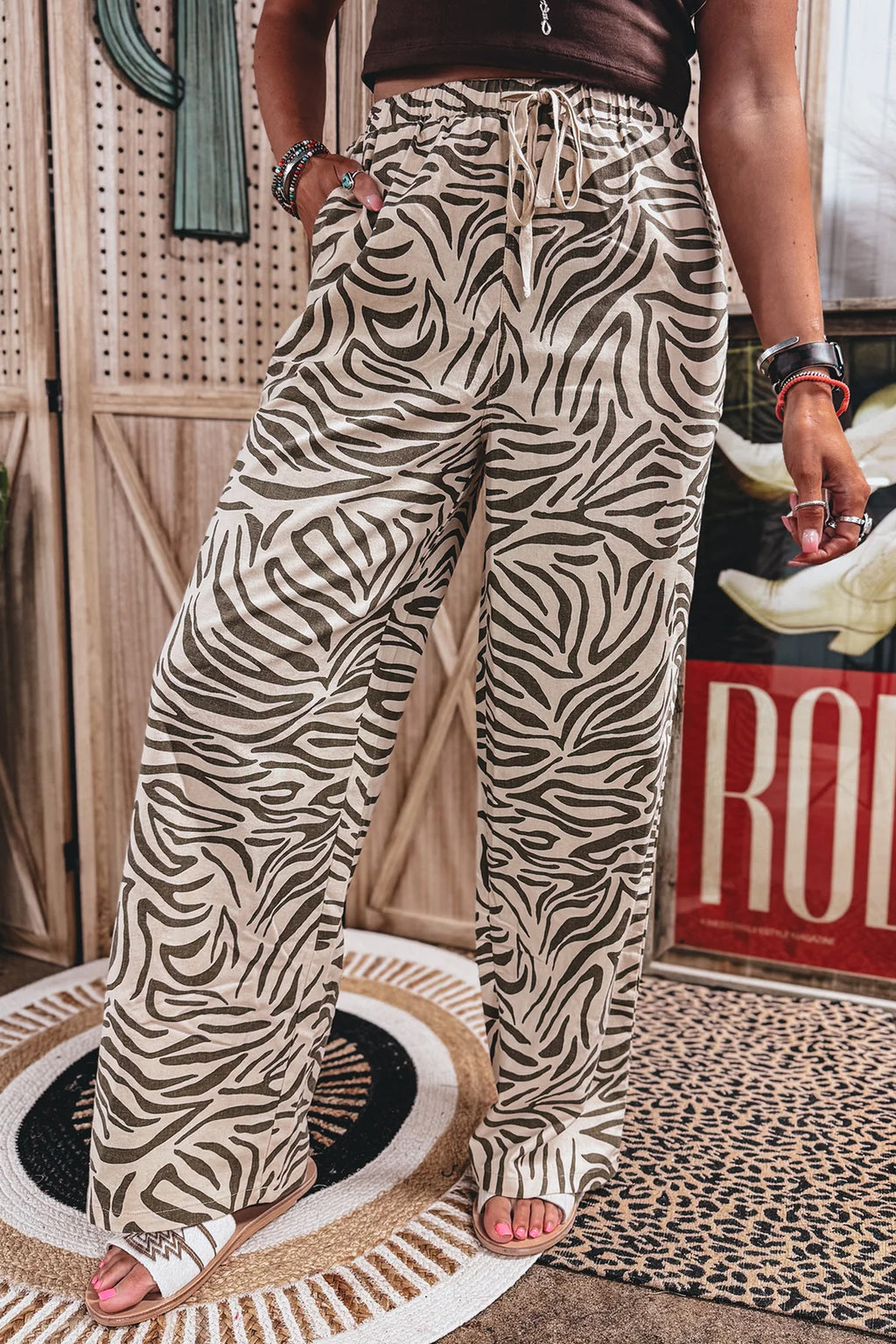 Multicolour Western Print Zebra Pattern Elastic Waist Pocket Full-Length Pants