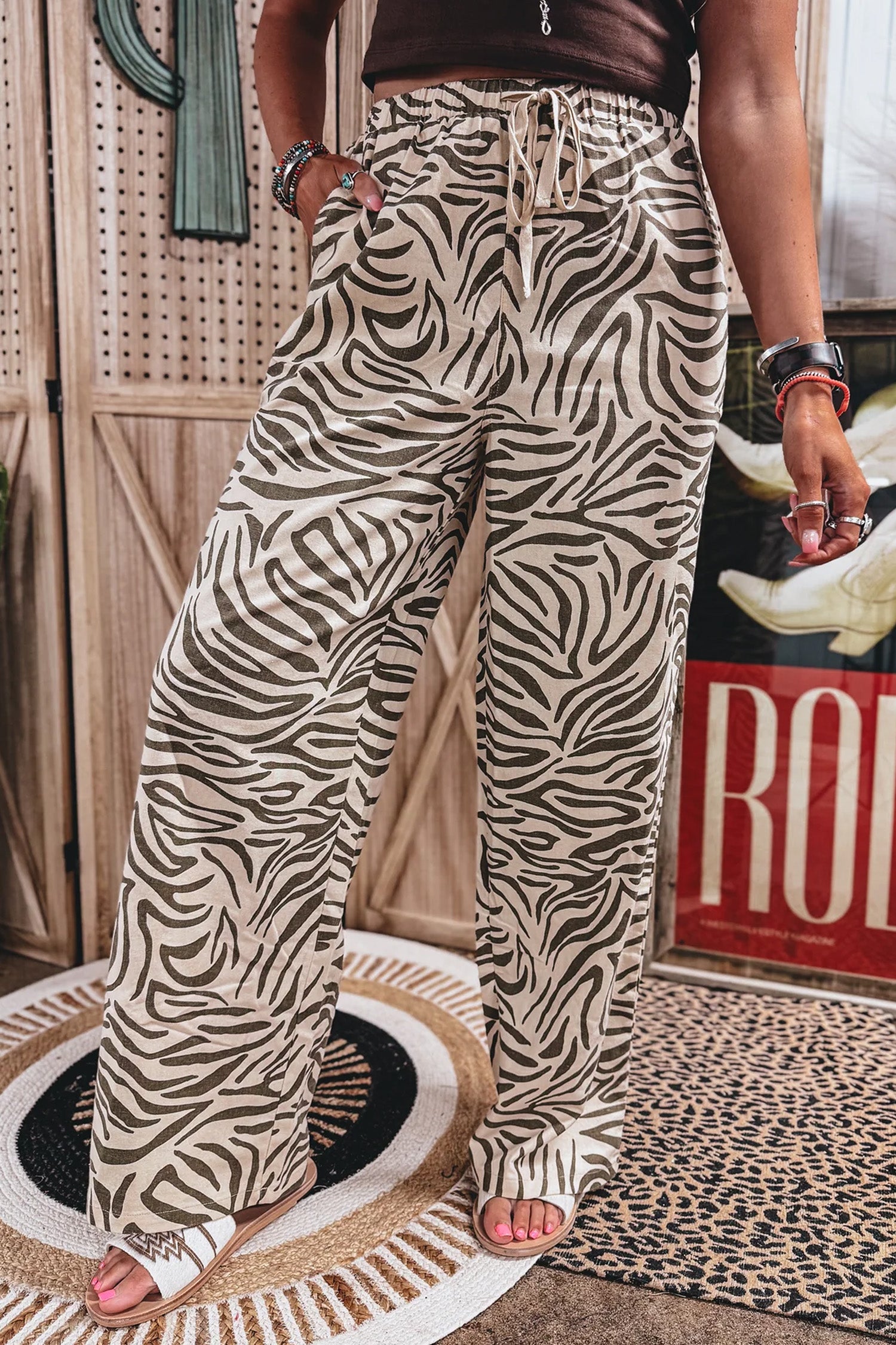 Multicolour Western Print Zebra Pattern Elastic Waist Pocket Full-Length Pants