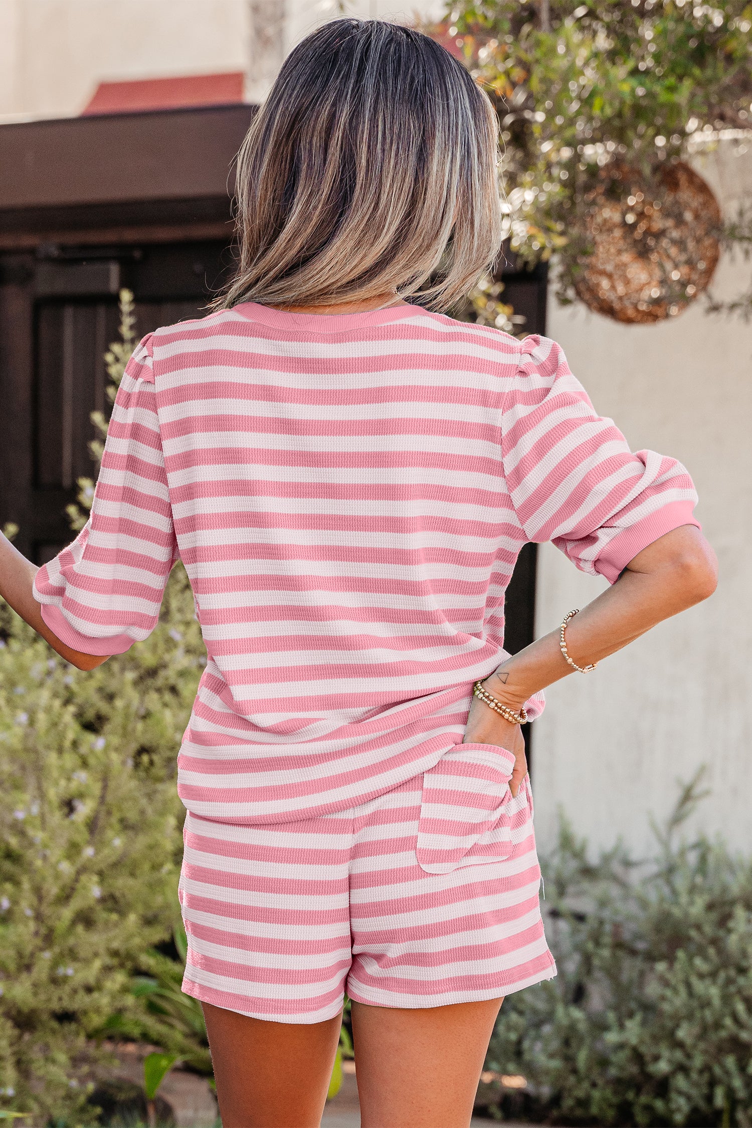Pink Stripe Puff Short Sleeve T Shirt Matching Shorts Set