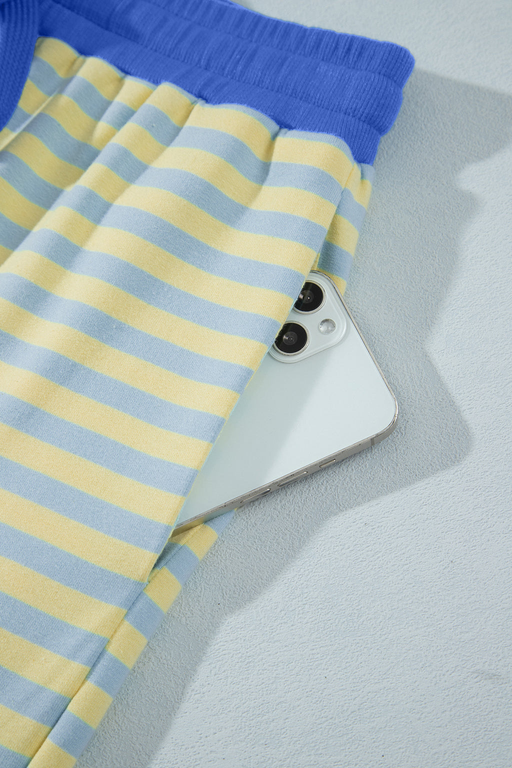 Yellow Stripe Colorblock Trim Crew Neck Loose Tee Drawstring Elastic Waist 2pcs Pant Set