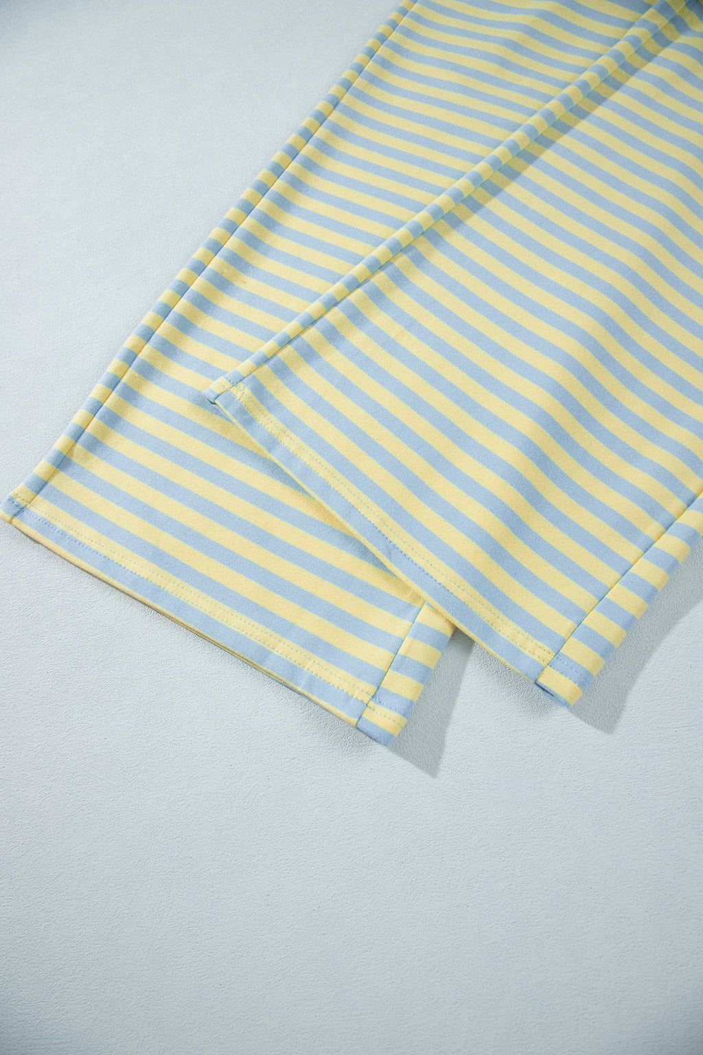 Yellow Stripe Colorblock Trim Crew Neck Loose Tee Drawstring Elastic Waist 2pcs Pant Set