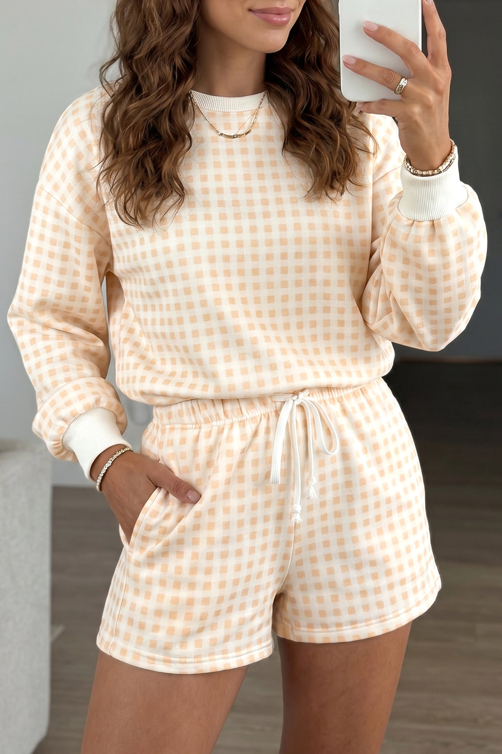 Yellow Plaid Baggy Pullover Drawstring Casual Shorts 2pcs Outfit