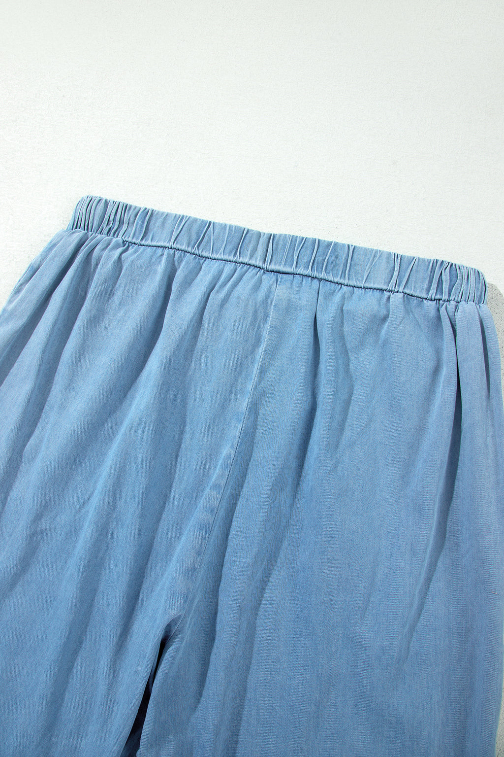 Dusk Blue Ruffled Hem Wide Leg Chambray Pants