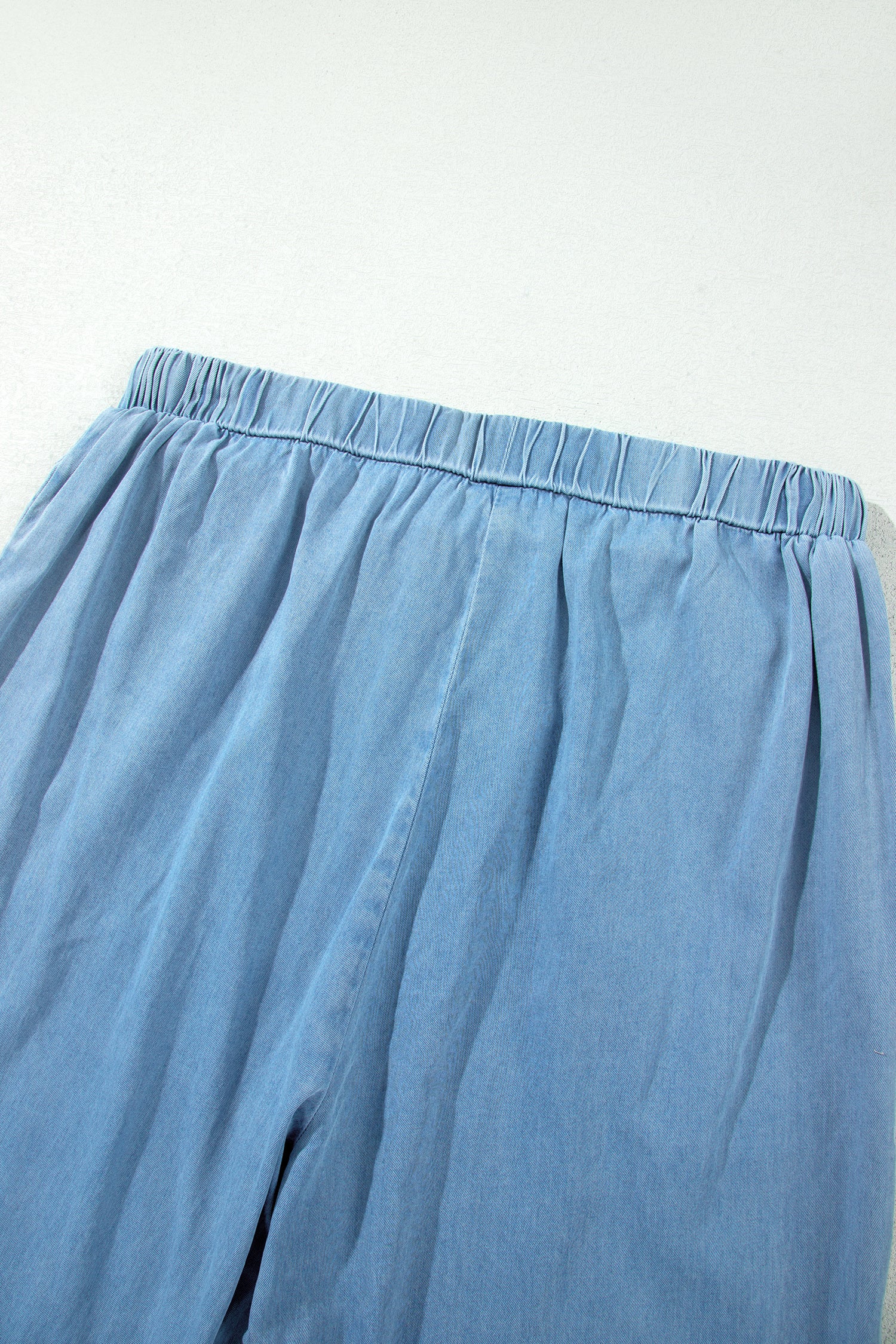 Dusk Blue Ruffled Hem Wide Leg Chambray Pants