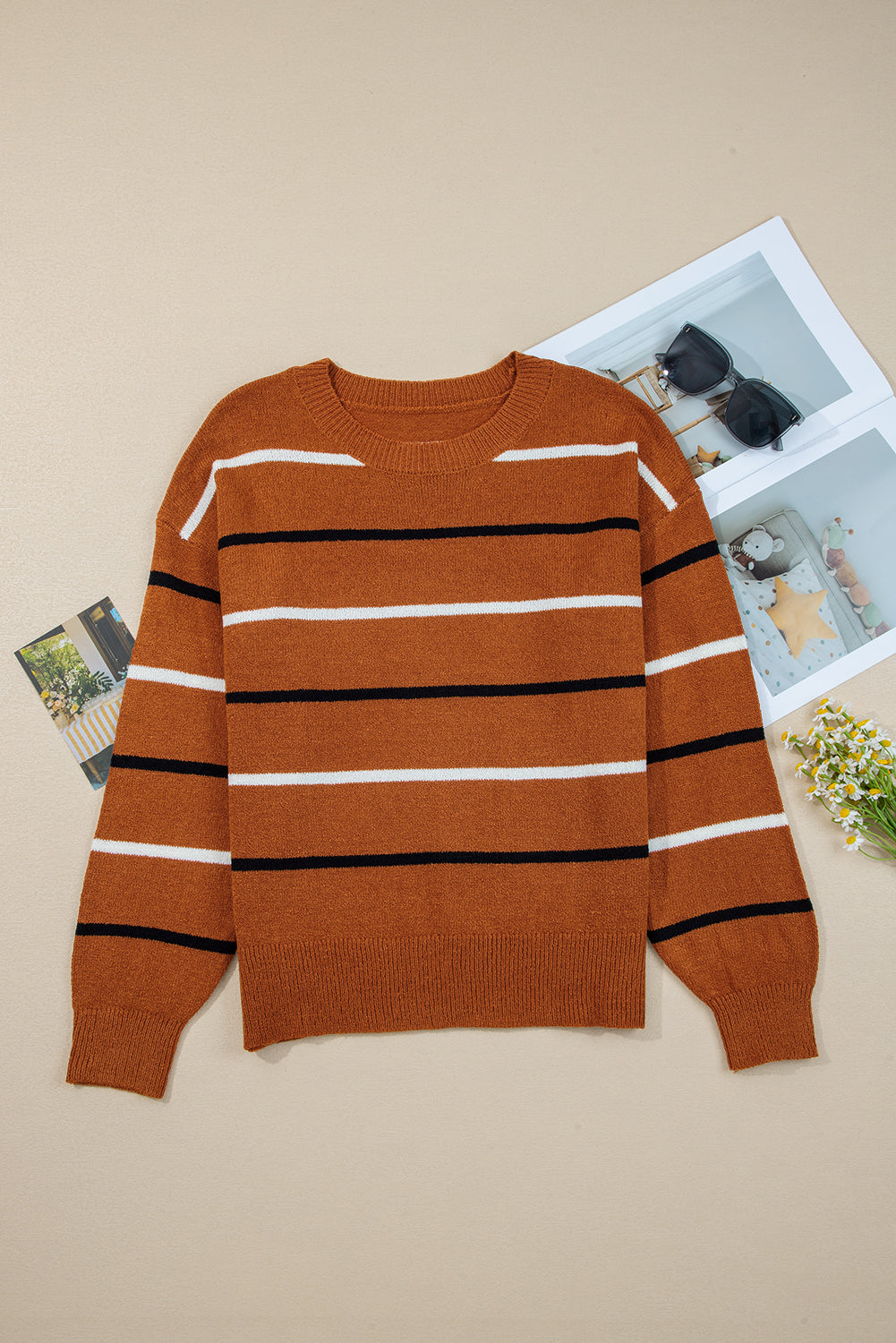 Brown Stripe Ribbed Edge Drop Shoulder Sweater