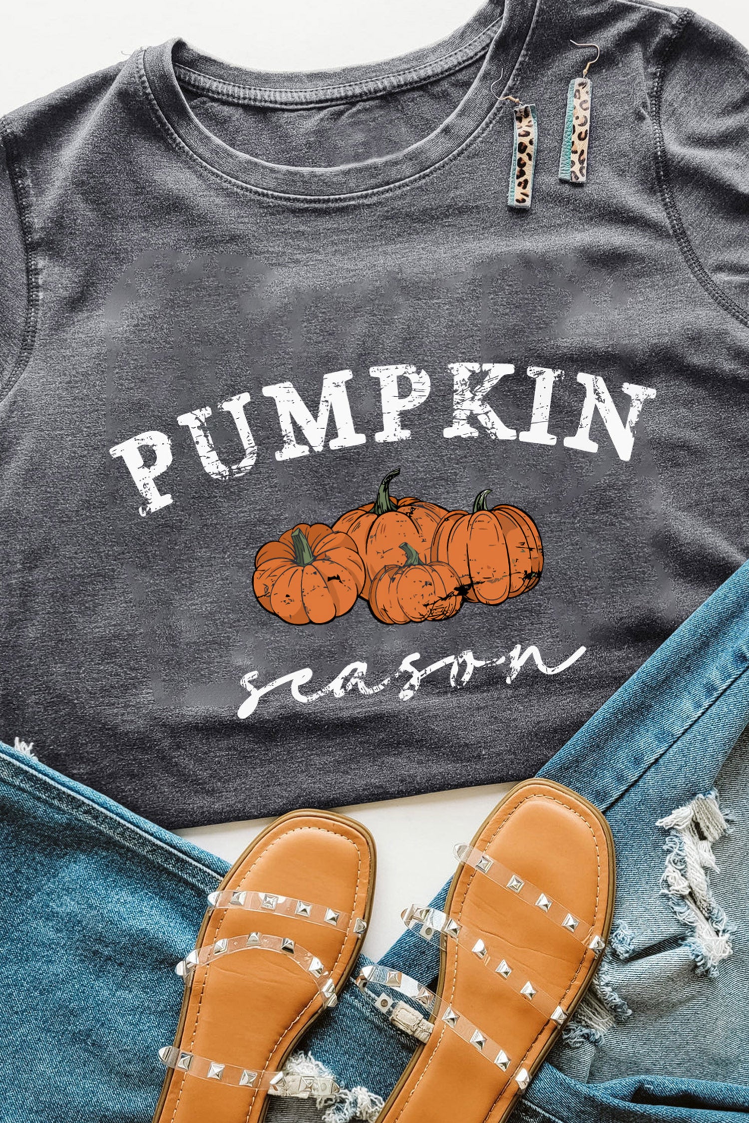 Gray Pumpkin Season Graphic Round Neck Short Sleeve T-Shirt