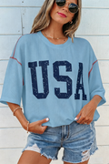 Beau Blue USA Graphic Half Sleeve Loose Ribbed Top