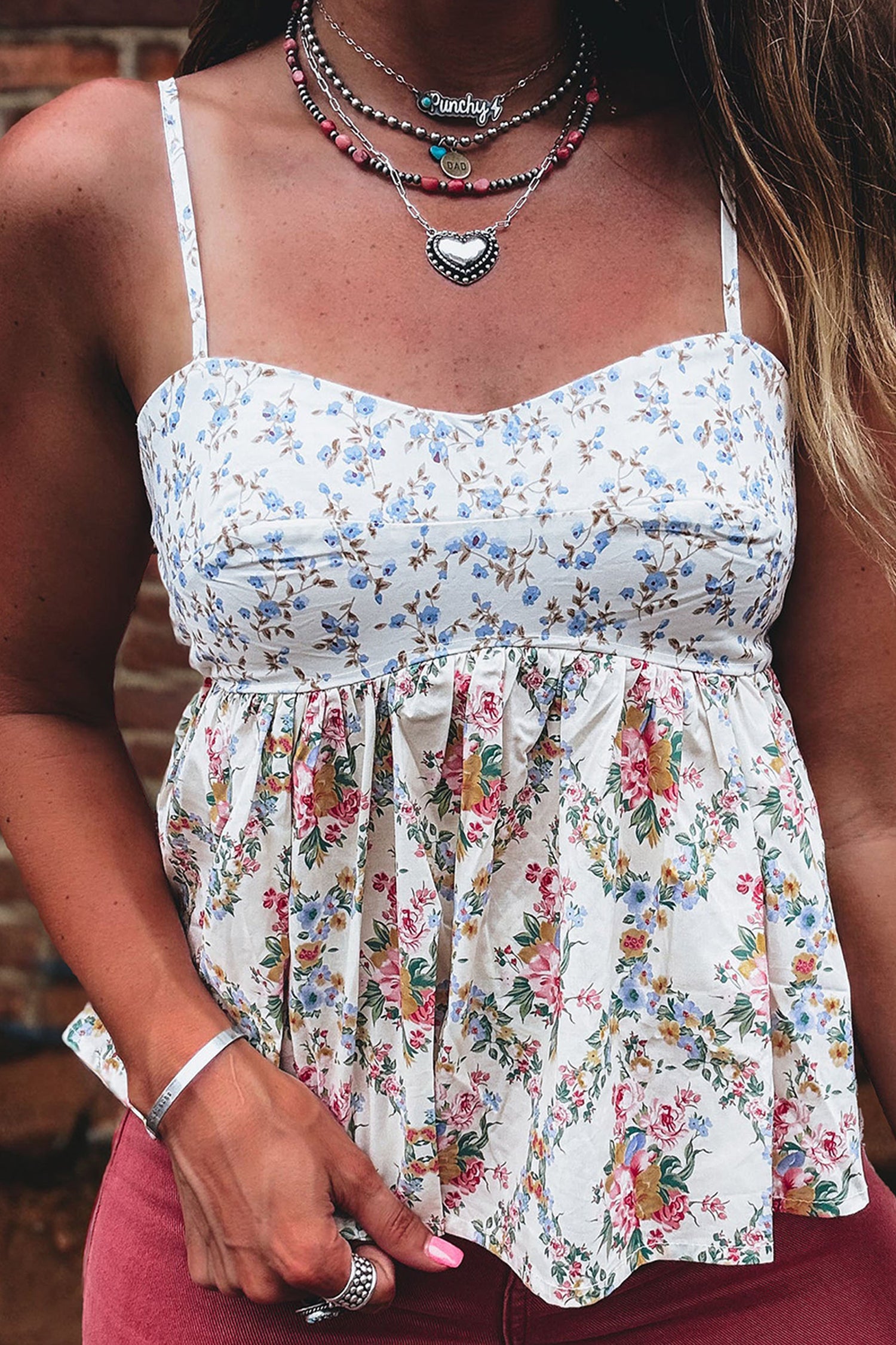 White Contrast Floral Printed Spaghetti Straps Babydoll Top