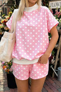 Pink Polka Dot Print Color Block Trim Mock Neck Short Set