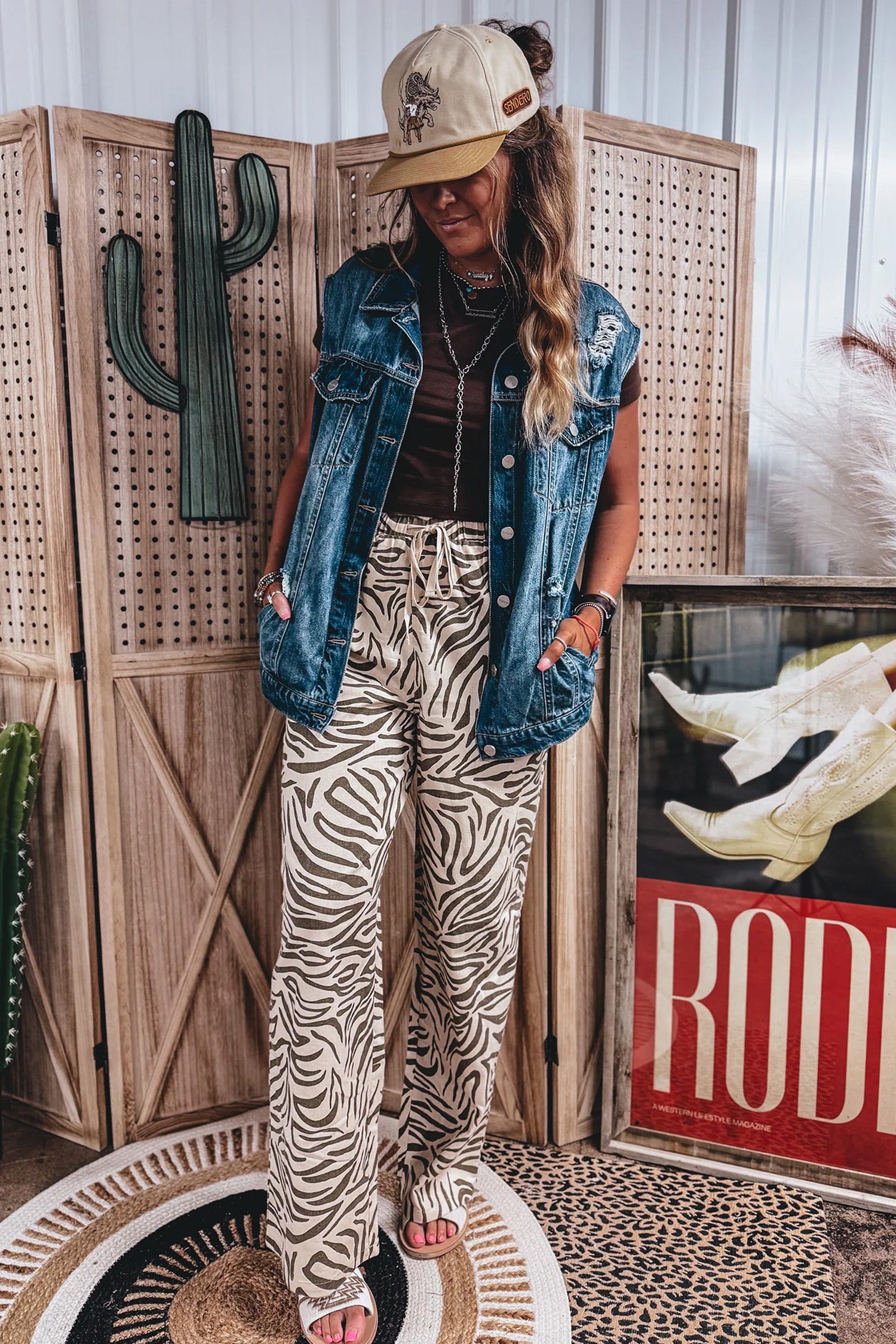 Multicolour Western Print Zebra Pattern Elastic Waist Pocket Full-Length Pants