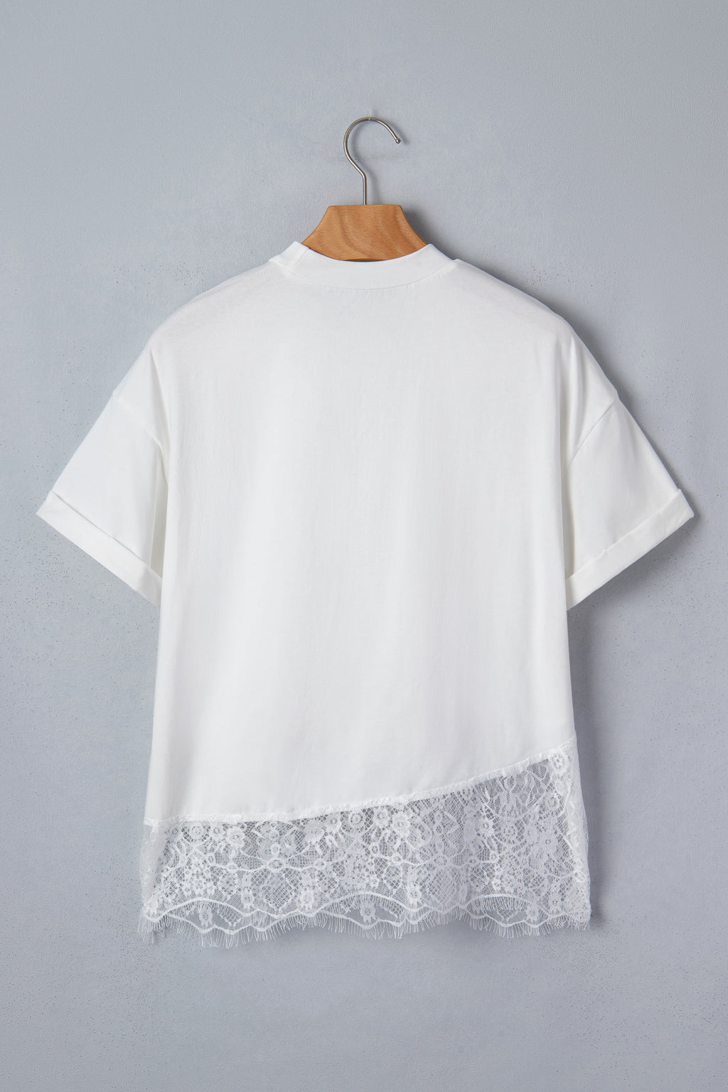 White Asymmetric Lace Hem Patchwork Tee