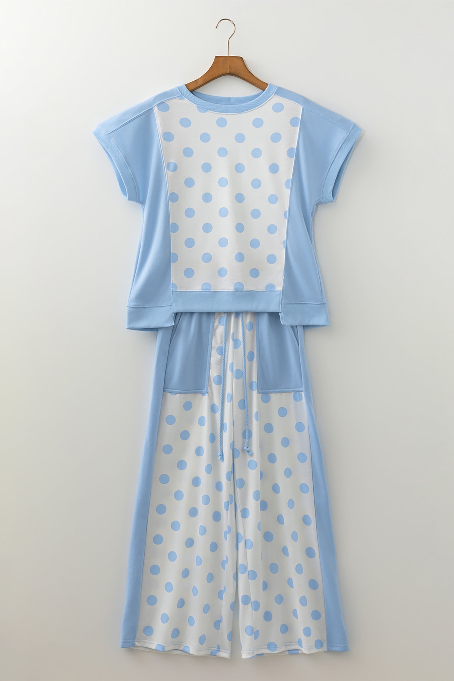 Sky Blue Color Block Patchwork Polka Dot Wide Leg Pant Set