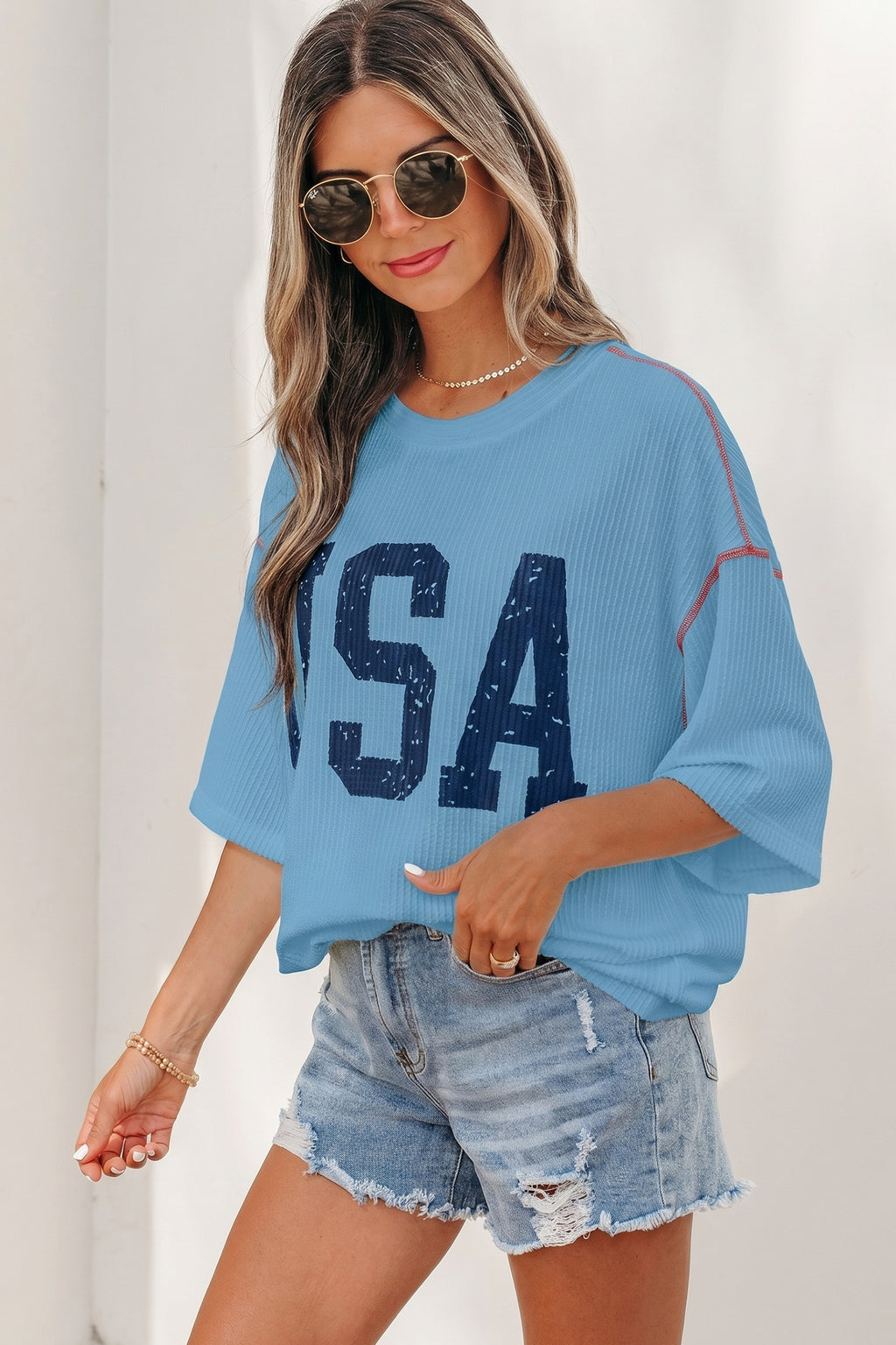 Beau Blue USA Graphic Half Sleeve Loose Ribbed Top