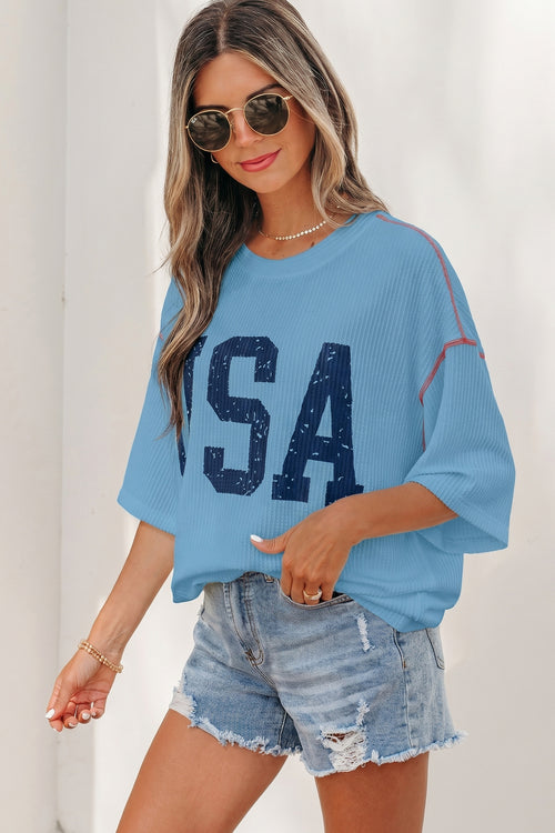 Beau Blue USA Graphic Half Sleeve Loose Ribbed Top