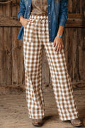 Brown Gingham Plaid Tie Elastic Waist Shift Pants