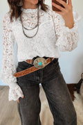 White Ruffled Round Neck Long Flounce Sleeve Sheer Lace Blouse