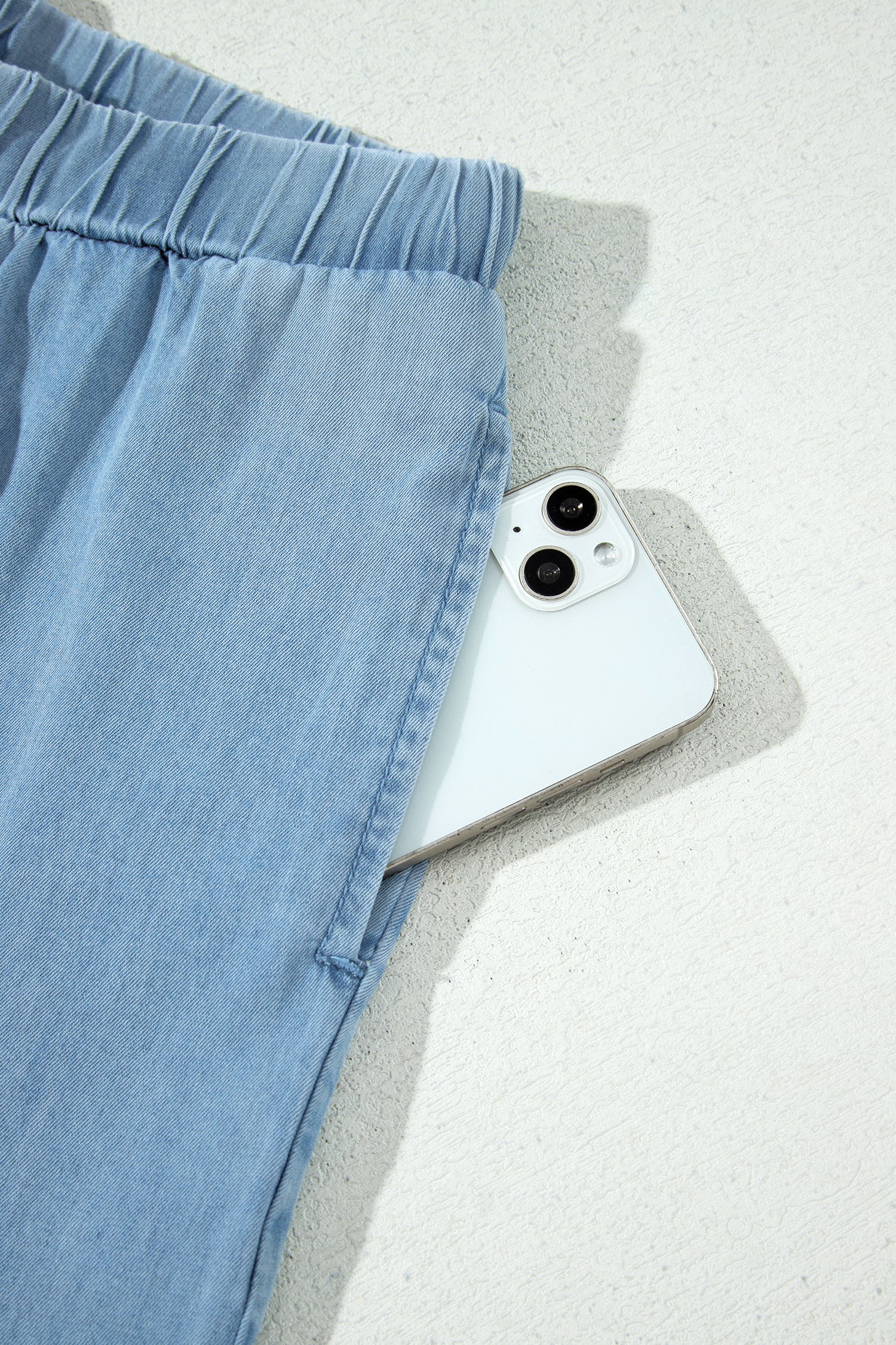 Dusk Blue Ruffled Hem Wide Leg Chambray Pants
