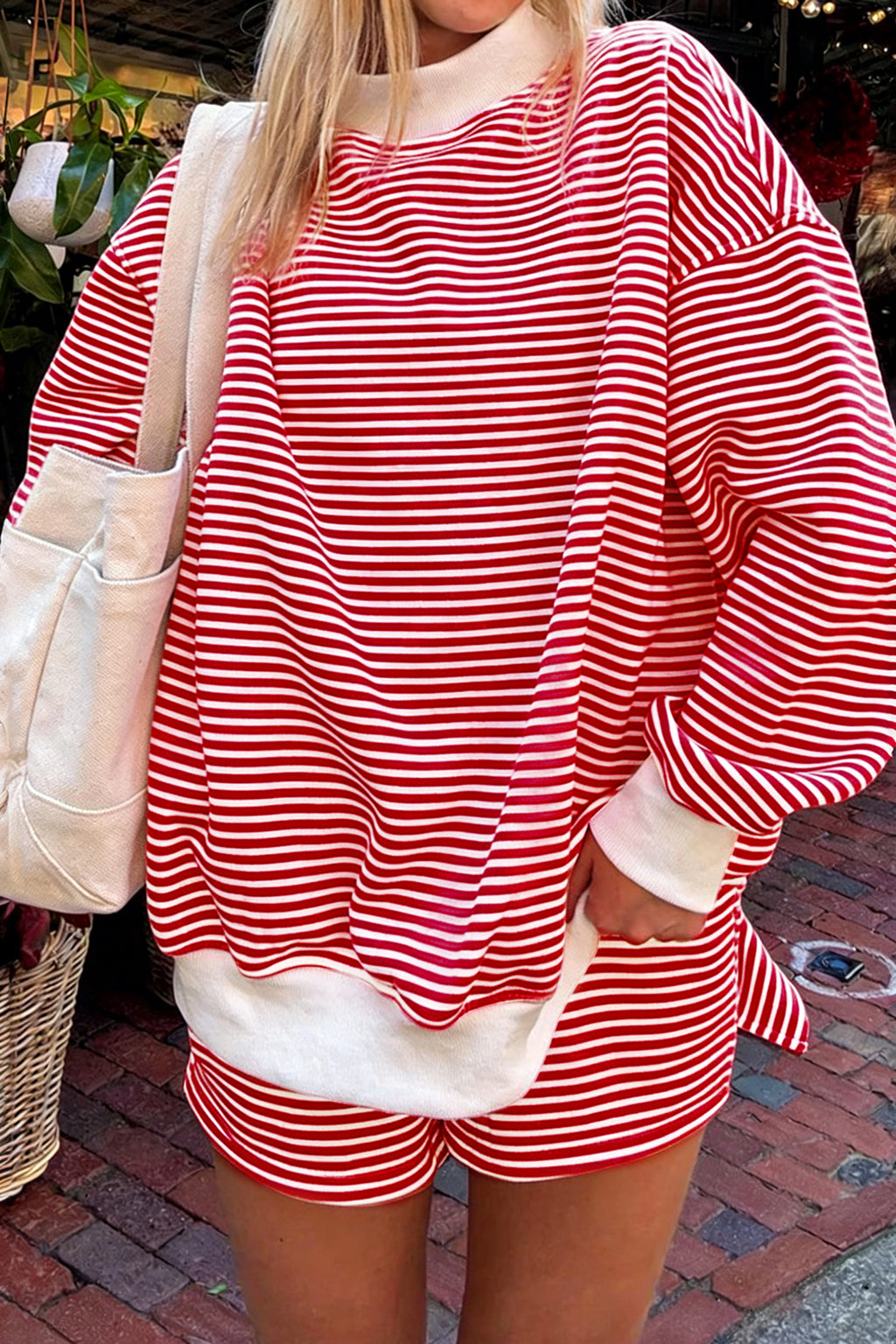 Red Stripe Oversize Mock Neck Sweatshirt and Shorts Set