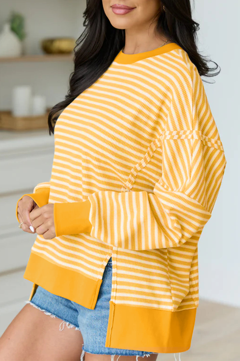 Khaki Stripe Textured Knit Color Block Trim Split Hem Long Sleeve Top