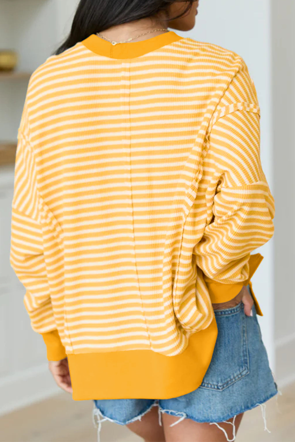 Khaki Stripe Textured Knit Color Block Trim Split Hem Long Sleeve Top