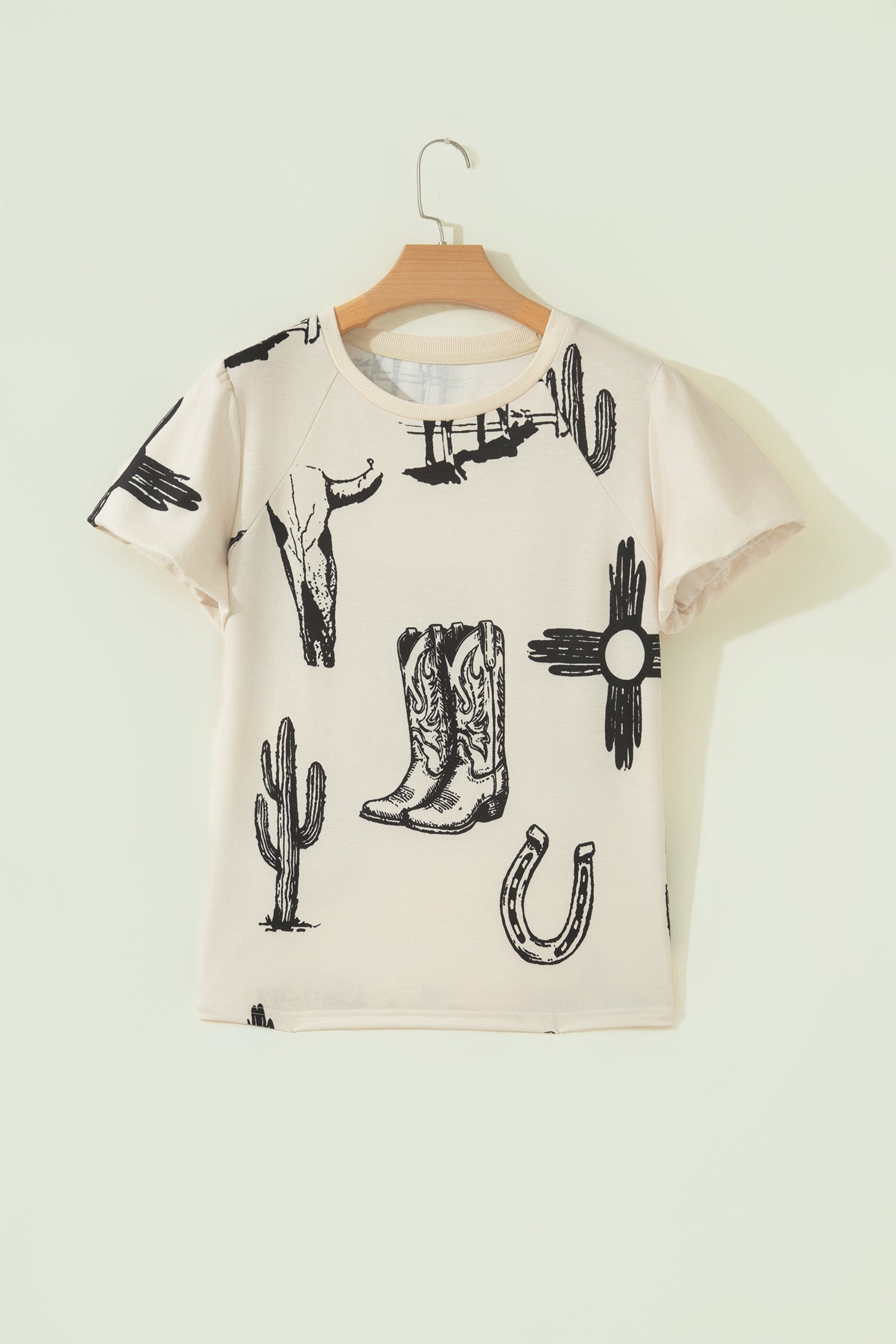 Beige Retro Western Print T Shirt