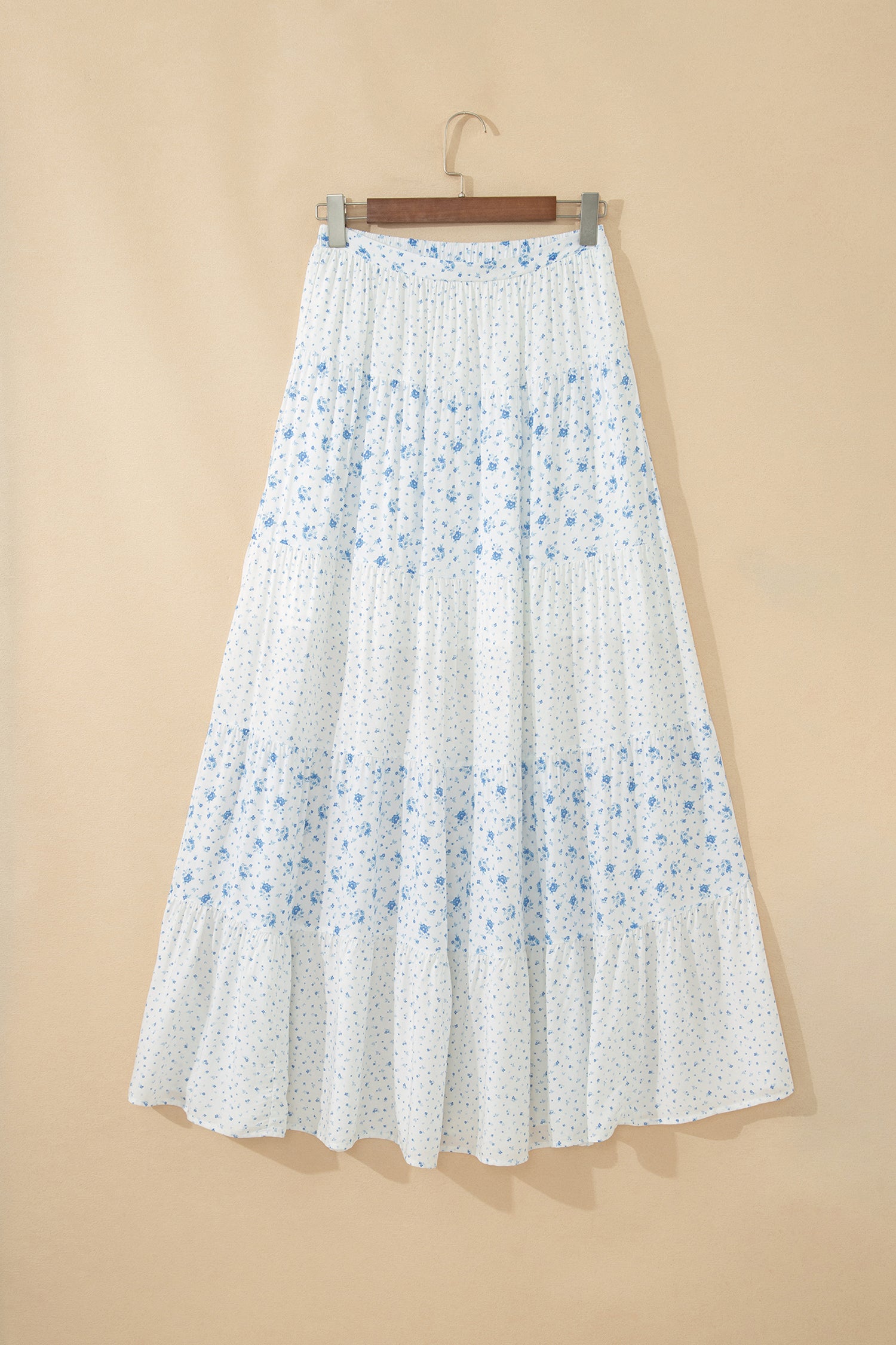 Sky Blue High Waist Tiny Floral Print Boho Maxi Skirt