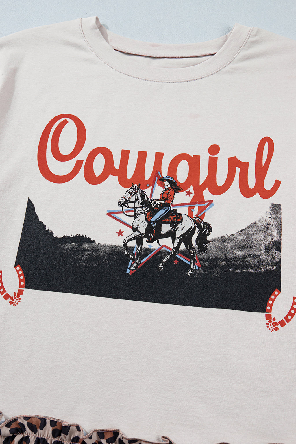White Retro COWGIRL Print Leopard Ruffle Hem Patchwork T Shirt