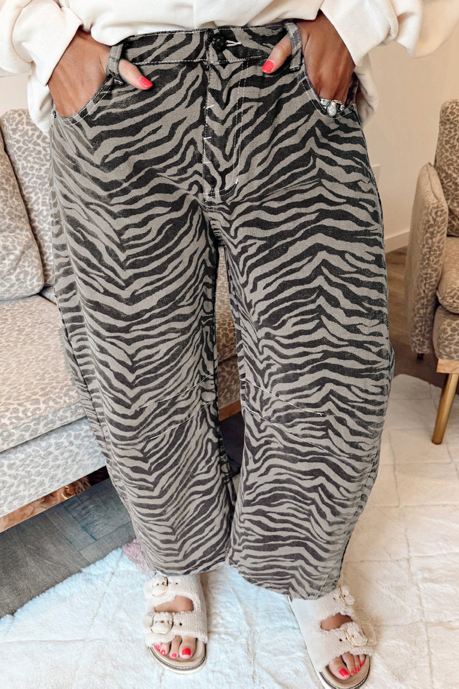 Gray Zebra Stripe Printed Wide Leg Barrel Jeans