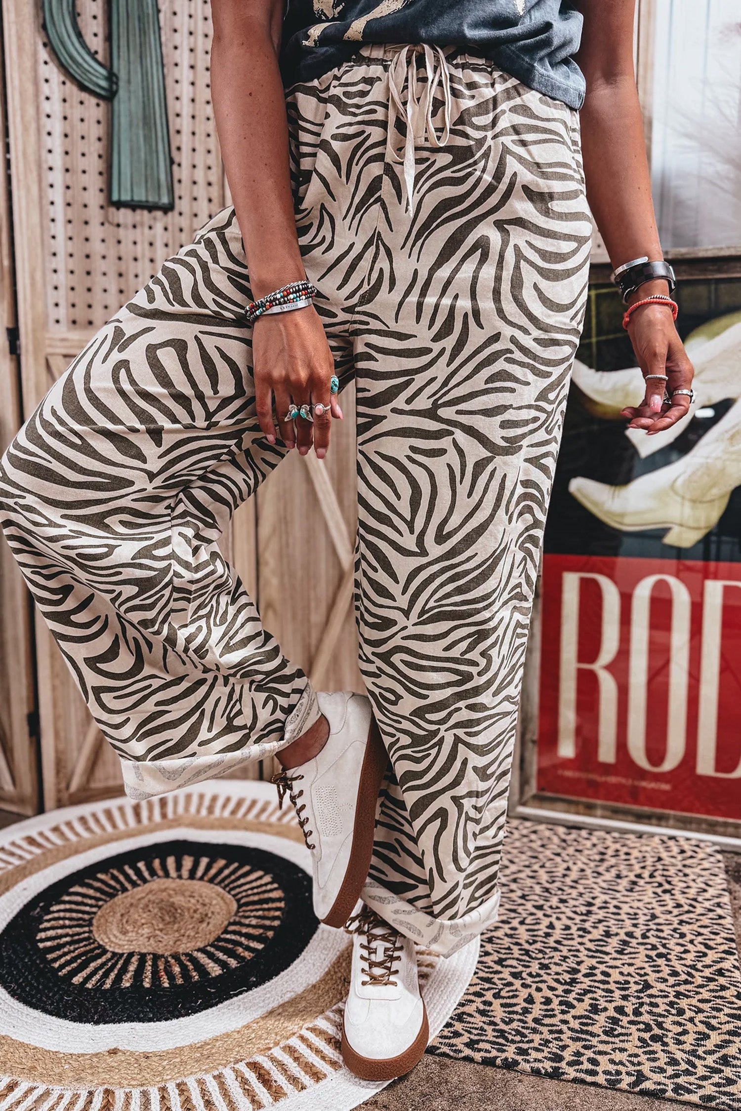 Multicolour Western Print Zebra Pattern Elastic Waist Pocket Full-Length Pants