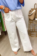 White Solid Color Scalloped Patch Pocket Shift Jeans