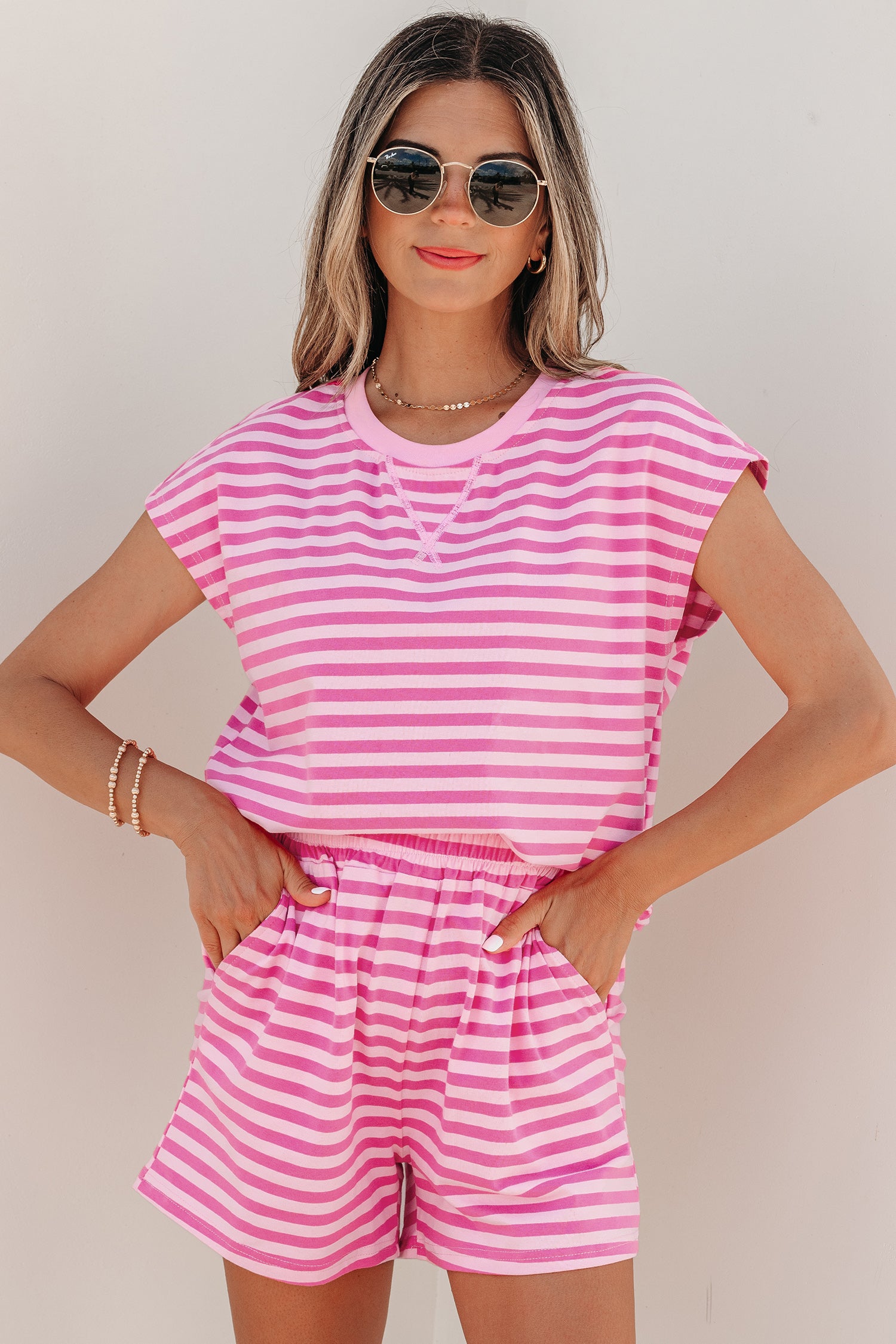 Pink Stripe Cap Sleeve Tee Elastic Waist Shorts 2pcs Outfit