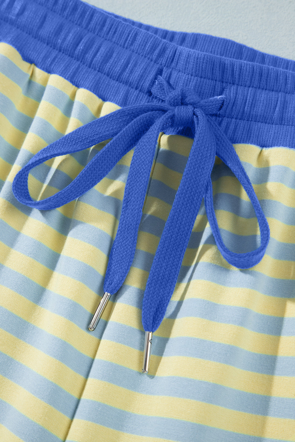Yellow Stripe Colorblock Trim Crew Neck Loose Tee Drawstring Elastic Waist 2pcs Pant Set