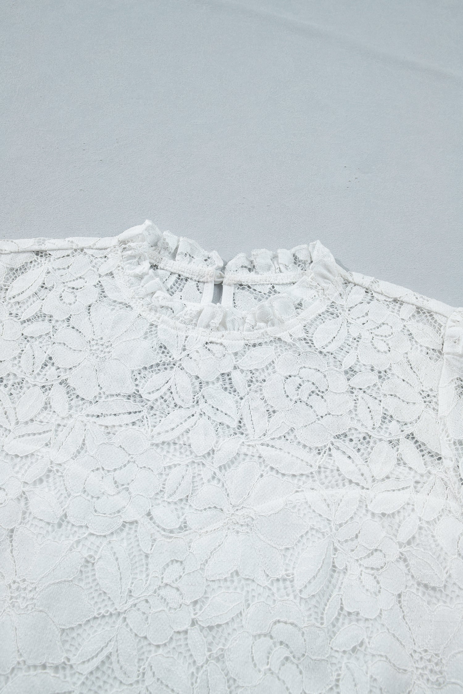 White Ruffled Round Neck Long Flounce Sleeve Sheer Lace Blouse