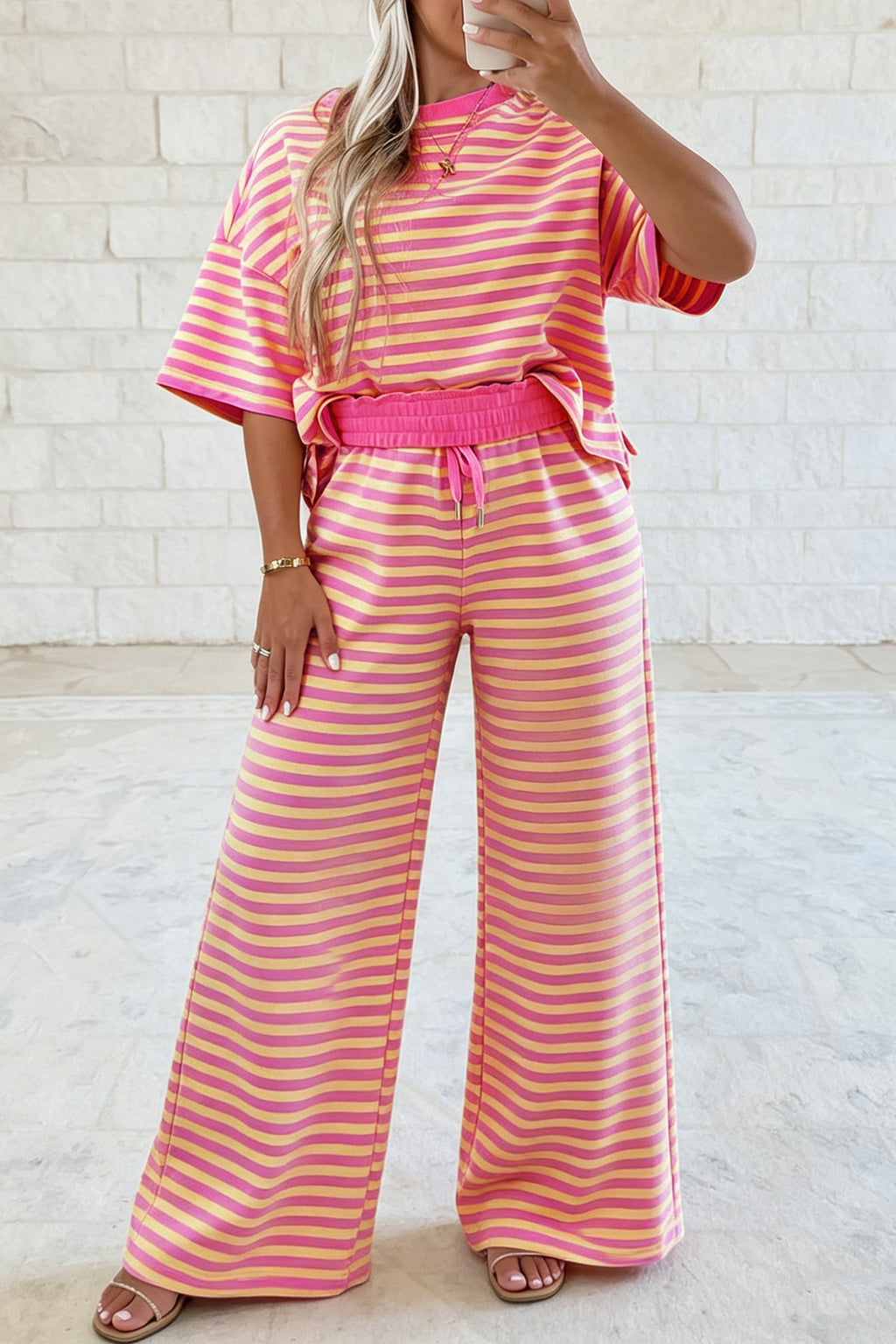 Yellow Stripe Colorblock Trim Crew Neck Loose Tee Drawstring Elastic Waist 2pcs Pant Set